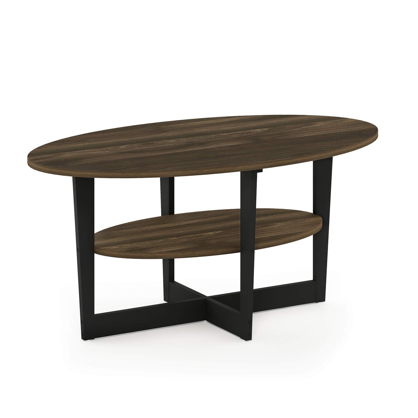 Furinno Jaya 2-Tier Round Coffee Table, Small Rustic Brown Coffee Table with Storage Shelf, Oval Center Table for Living Room, Bedroom, Home Office, Brown Walnut