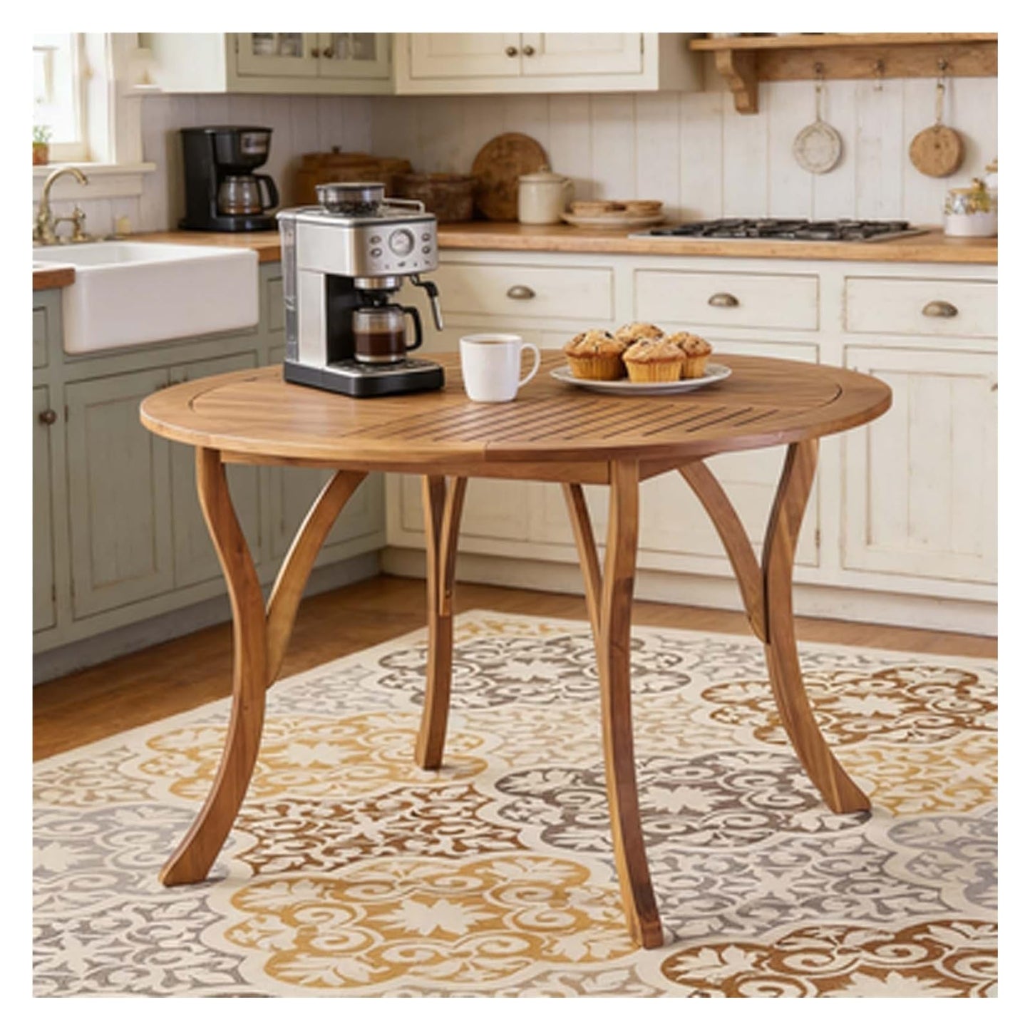 LCNDKF Weatherproof Slatted 47.25" Round Patio Dining Table, Solid Acacia Wood Teak Finish, Stable Indoor Outdoor Garden Lawn Family Dinner Furniture