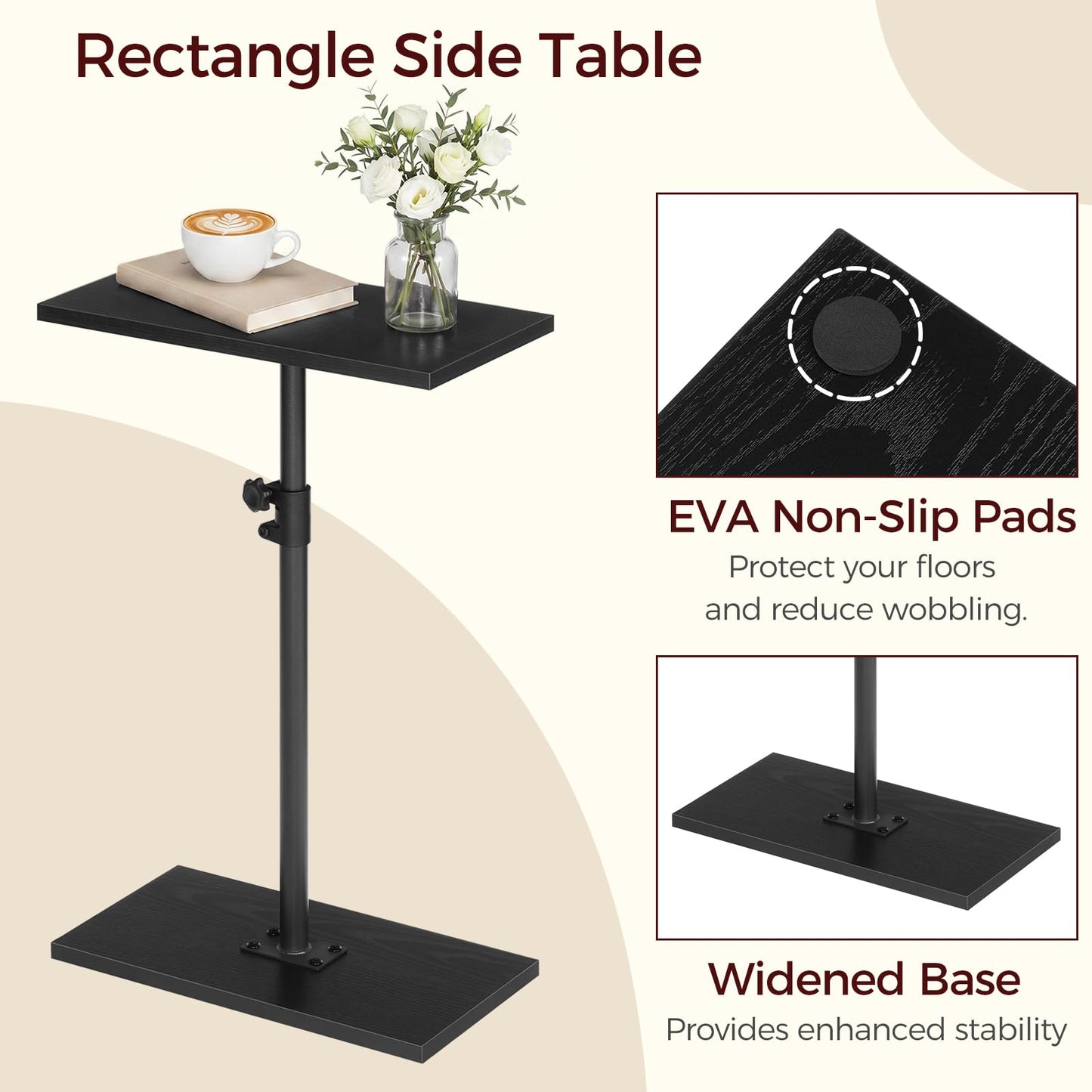 MAHANCRIS Narrow Side Table, Height Adjustable Small End Table, Skinny Sofa Table for Small Spaces, Tall Narrow Bedside Table for Couch, Slim Nightstand for Living Room, Bedroom, Black ETBK3301