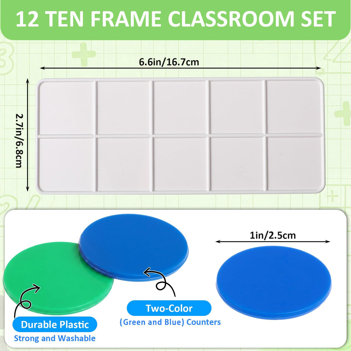 Soulchen 12 Sets Plastic Ten Frames for Classroom Math Manipulatives for Kids Classroom Math Counters Supplies Including 12 Plastic Ten Frames, 120 Counters for Teach Number Concepts (Green,Blue)