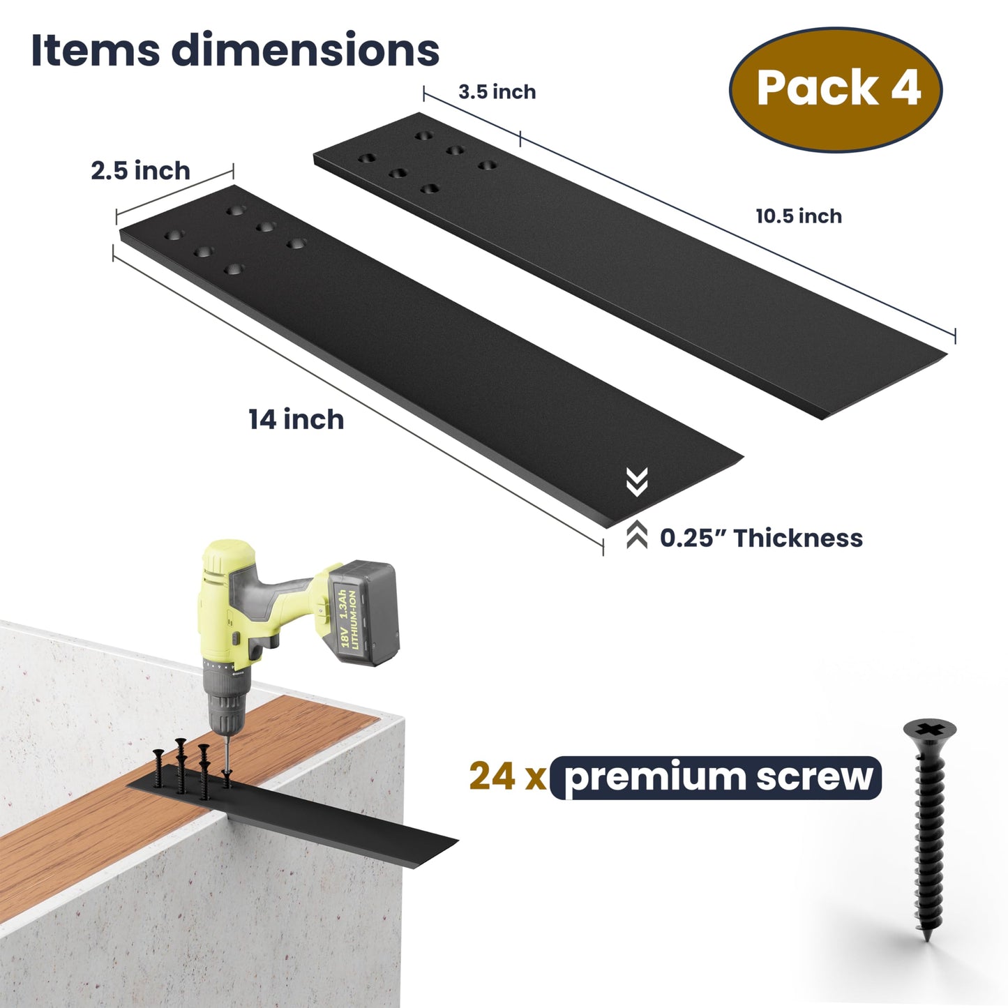 BATODA 14" Countertop Support Brackets (4 pcs) for Granite - Heavy Duty L Shelf Bracket - Wall Mounted Support for DIY Open Shelving – Knee Wall Support - Mounting Hardware Included ( Pack 4 )