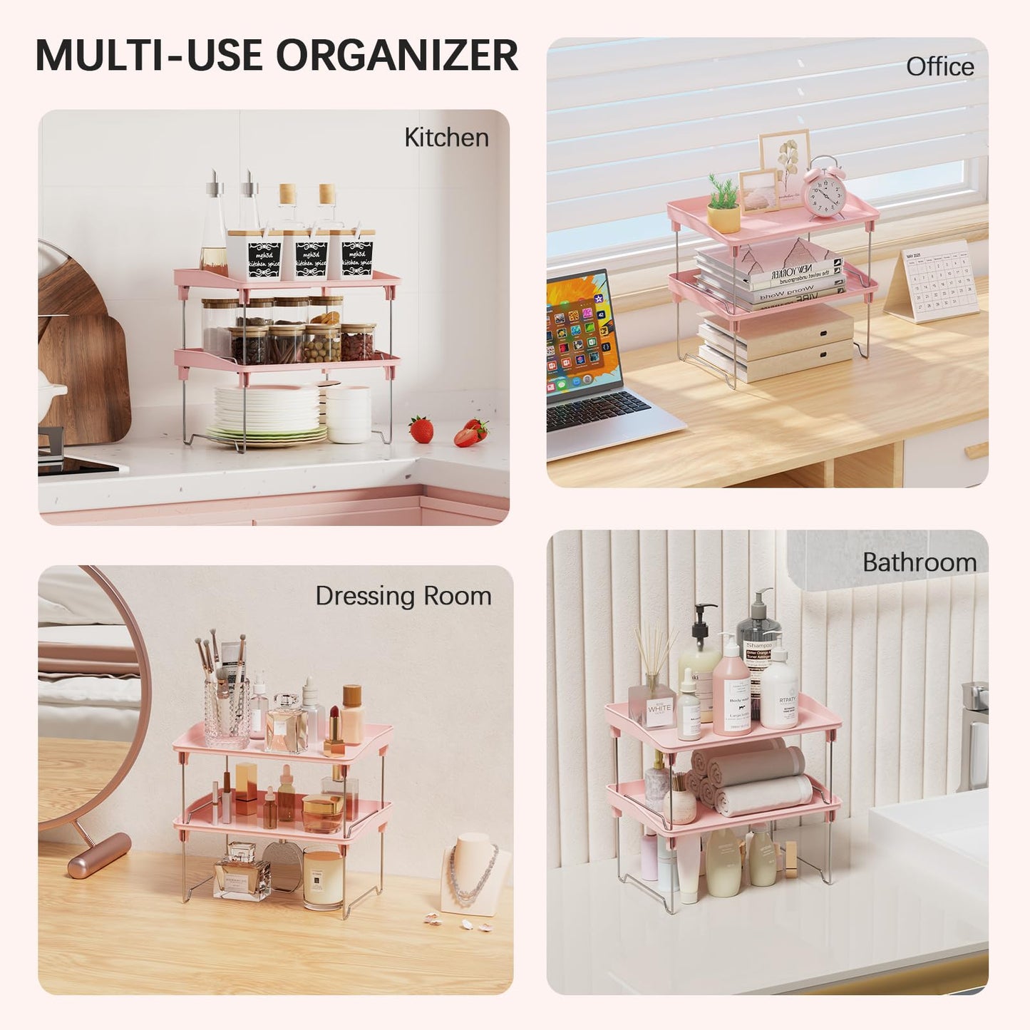 STARLATTA 2 Pcs Cabinet Organizer Shelf，Stackable Kitchen Counter Shelves, Spice Rack,Countertop Organizers，Pink Plastic Storage Shelves Rack for Makeup，Bathroom, Cupboard，Desk，Pantry Organization