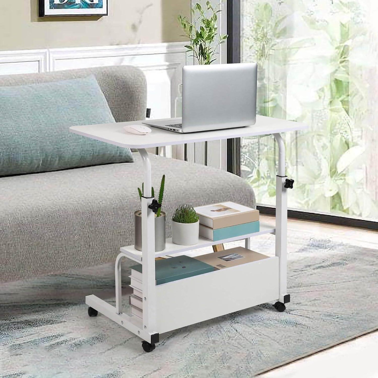 Dekhaoxe Adjustable Height Mobile Computer Desk for Small Space Rolling Writing with Wheels Corner Home Office Study Portable Bedrooms Work Desk Standing Table Sizes 31.5X15.7 Inches White