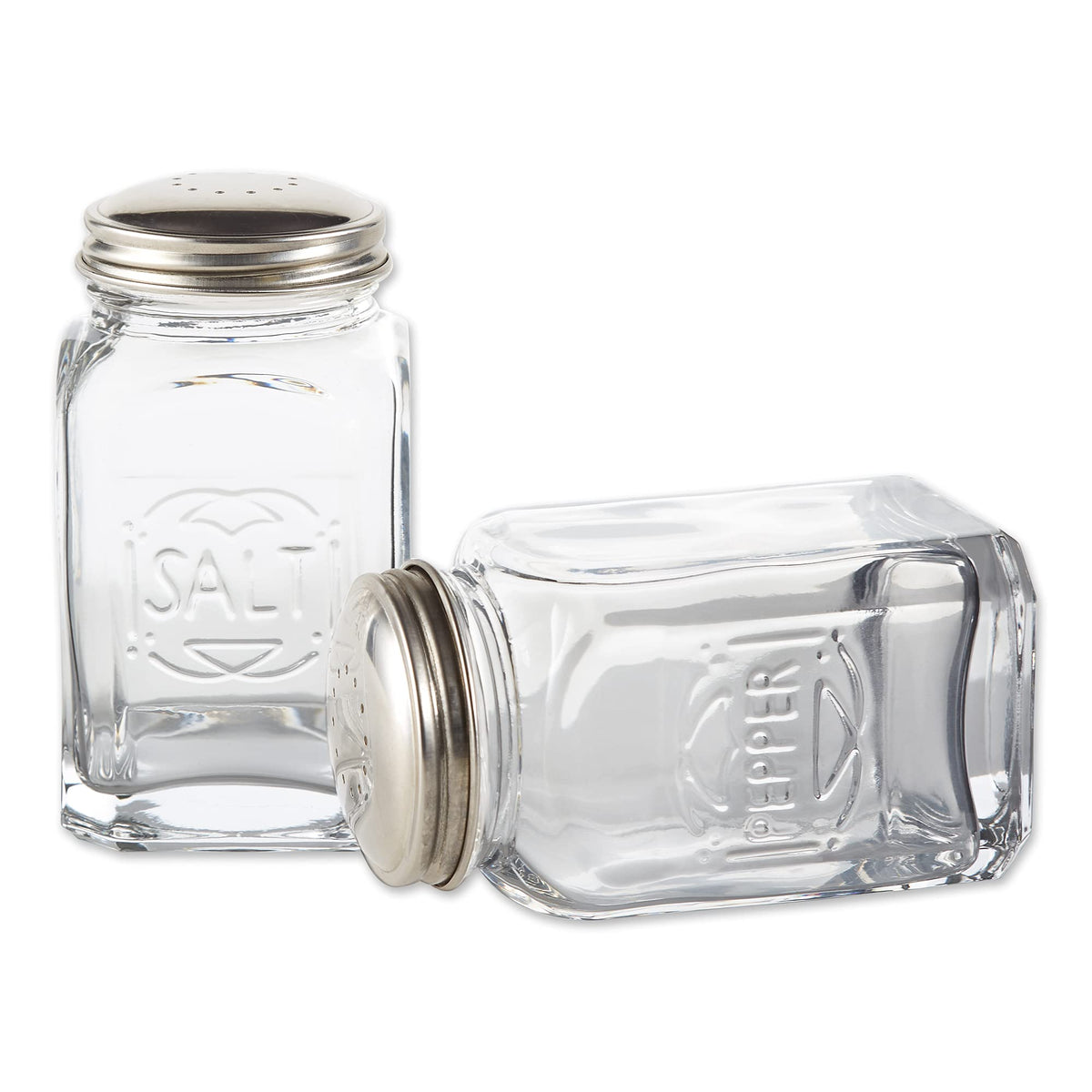 RSVP International Jumbo Retro Glass Salt & Pepper Shaker, Screw On Stainless Steel Lid, Each Shaker Holds 8 Ounces, Clear, 2.25x2.25x4.3, 2 Piece