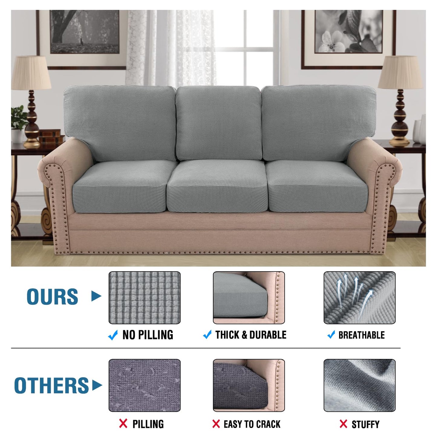 H.VERSAILTEX Multi-Pieces Sofa Slipcovers for 3 Seat Cushion Couch High Stretch Couch Cushion Covers Jacquard Textured Twill Fabric(3 Seat Covers Plus 3 Back Cushion Covers, Dove)