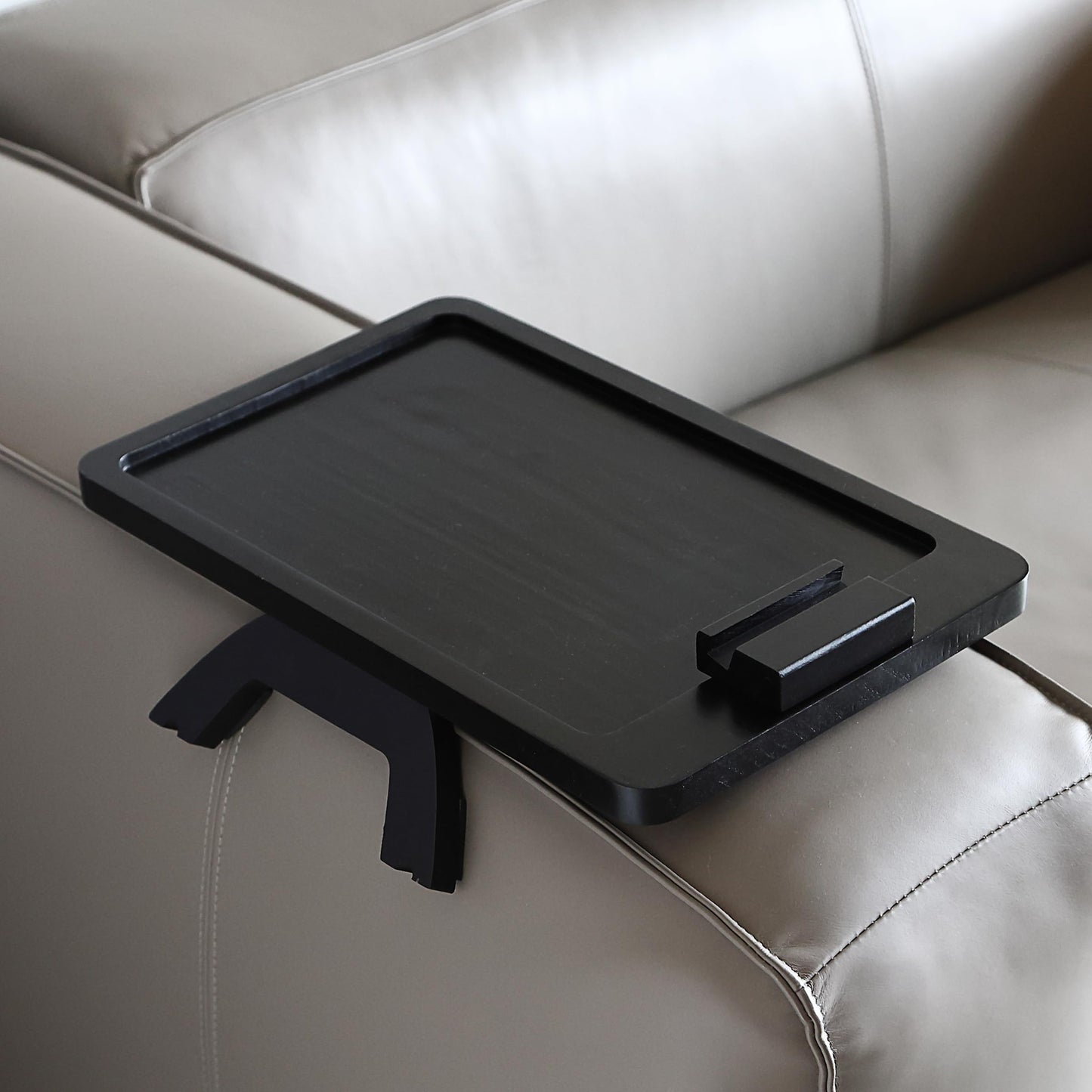BAMBOO LAND- Couch Arm Tray, Wooden Folding Couch Armrest Table, Black, Rectangular Clip-On Sofa Arm Tray with 360° Rotating Phone Holder