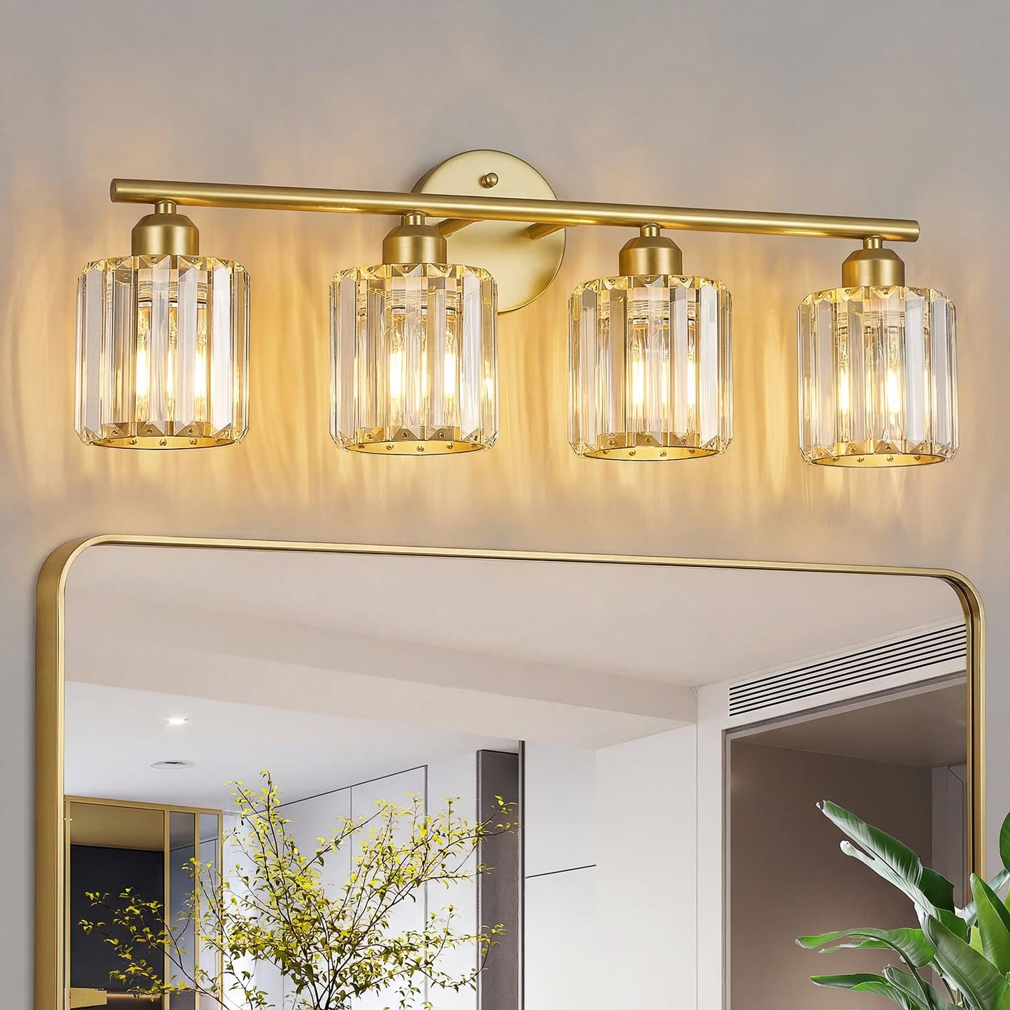 FDPBY Modern 4 Light Crystal Vanity Light, Gold Vertical Bathroom Light Fixture Over Mirror for Dressing Table Sink, Compatible with Dimmable Bulbs (Bulbs Not Included)