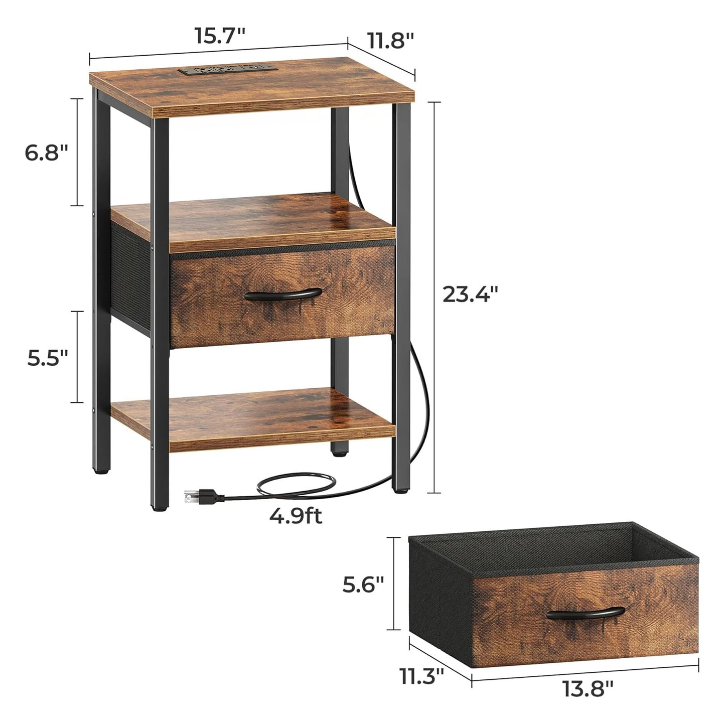 SUPERJARE Nightstand with Charging Station, Bed Side Table with Adjustable Fabric Drawer, Night Stand for Bedroom, 3-Tier Storage End Table, for Living Room, Rustic Brown
