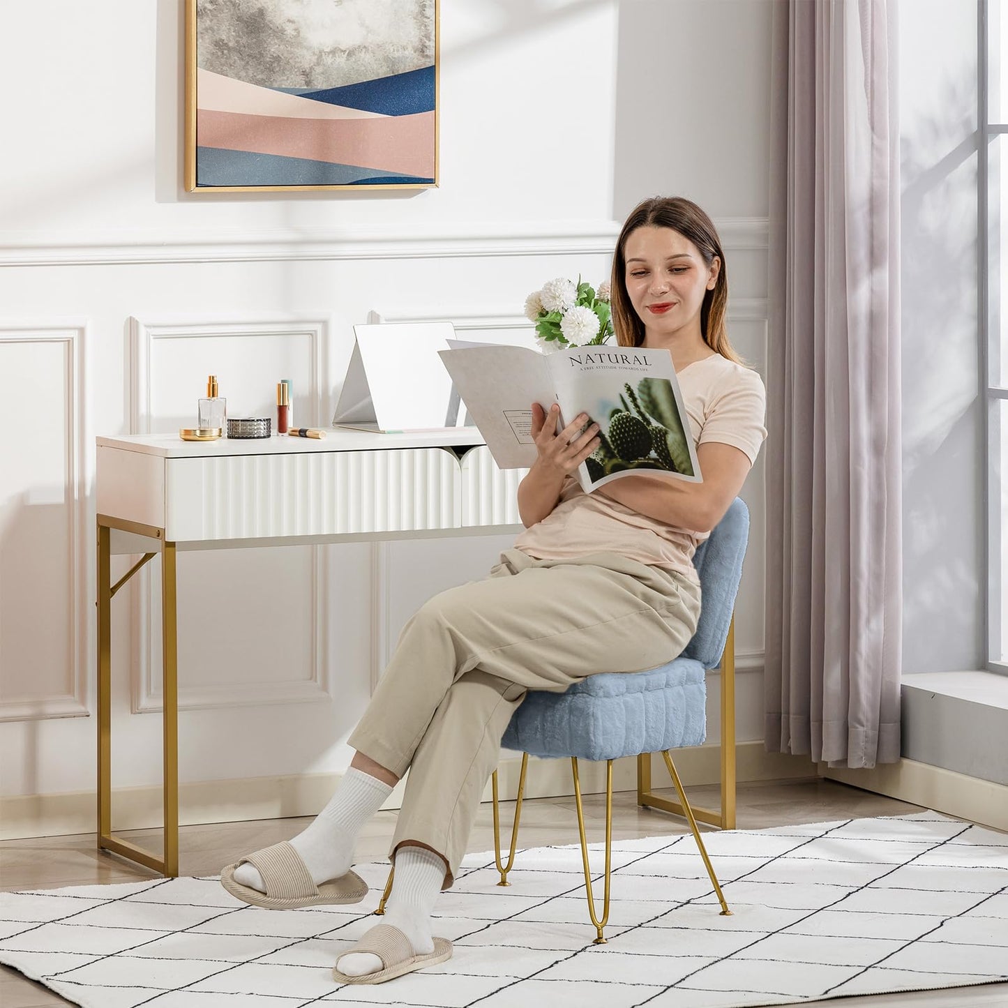 Manyday Vanity Chair with Storage, Comfy Ottoman with Folding Back, Faux Fur Vanity Stool with 4 Metal Legs for Make Up, Furry Padded Seat with Anti-Slip Feet for Bedroom Dressing Room, MistyBlue
