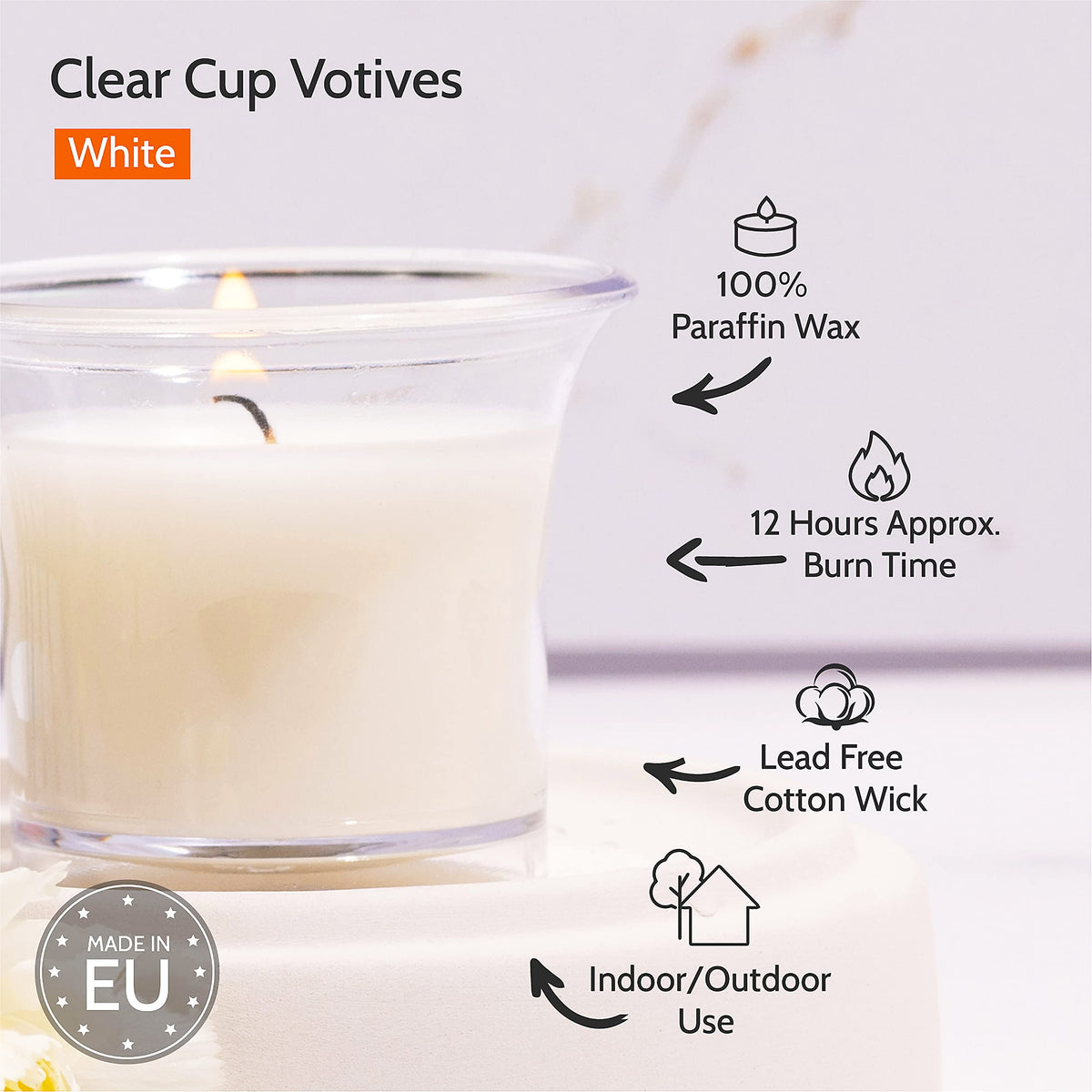 HYOOLA Clear Cup Scented Votive Candles - White - 12 Hour Burn Time - 4 Pack - European Made