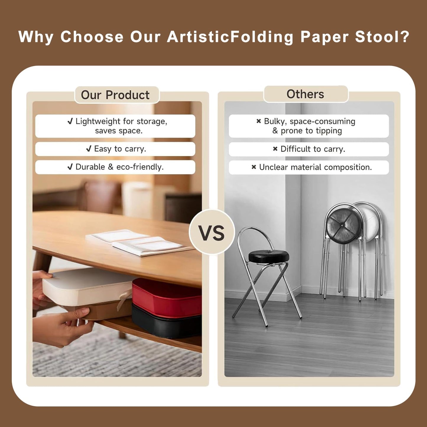 HSBWOPG Foldable Stool — Paper Foldable Stool,Folding Paper Stool,(Book-Sized) ，15 Inches High ，Made from Eco-Friendly Kraft Paper ， Ideal for Home & Travel ， Supports Up to 660 lbs ， Brown