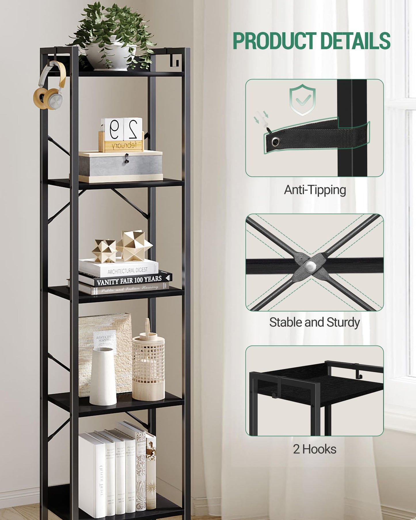 Hzuaneri Bookshelf, Book Shelf, Industrial Bookcase with 2 Hooks, Coner Shelf Storage Organizer for Home Office, Living Room, Bedroom, Kitchen, 5-Tier Black BC10504B