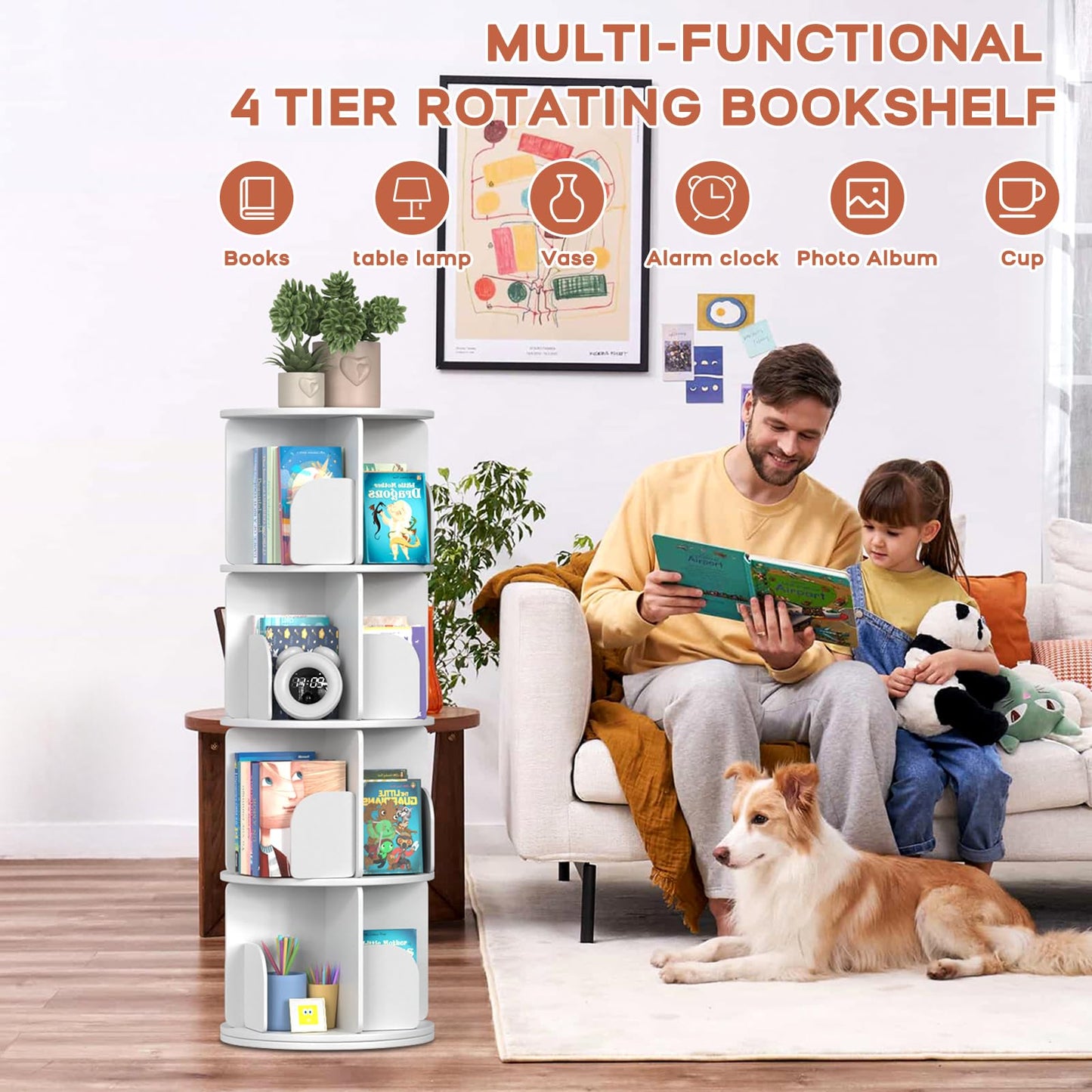 Kryonix Rotating Bookshelf, Spinning Bookshelf Tower 4 Tier, 360° Revolving Bookcase Lazy Susan, Multi-Functiona Corner Round Turning Book Shelf Organizer for Small Spaces(Off-White)