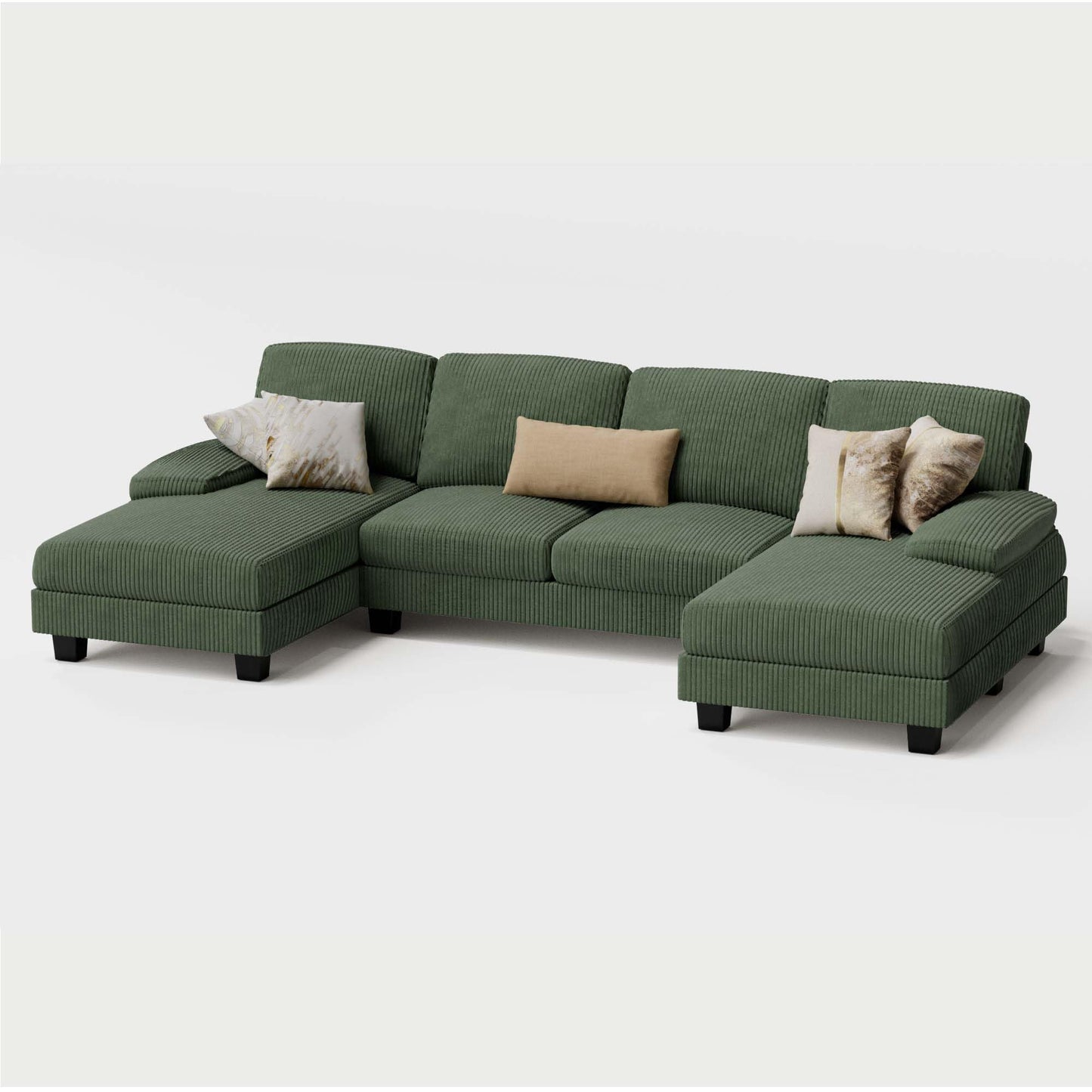 Furmax Sectional Couches for Living Room, U-Shaped Sofa Couch with Linen Fabric, 4 Seat Sofa Set with Double Chaise for Apartment (Corduroy, Dark Green)