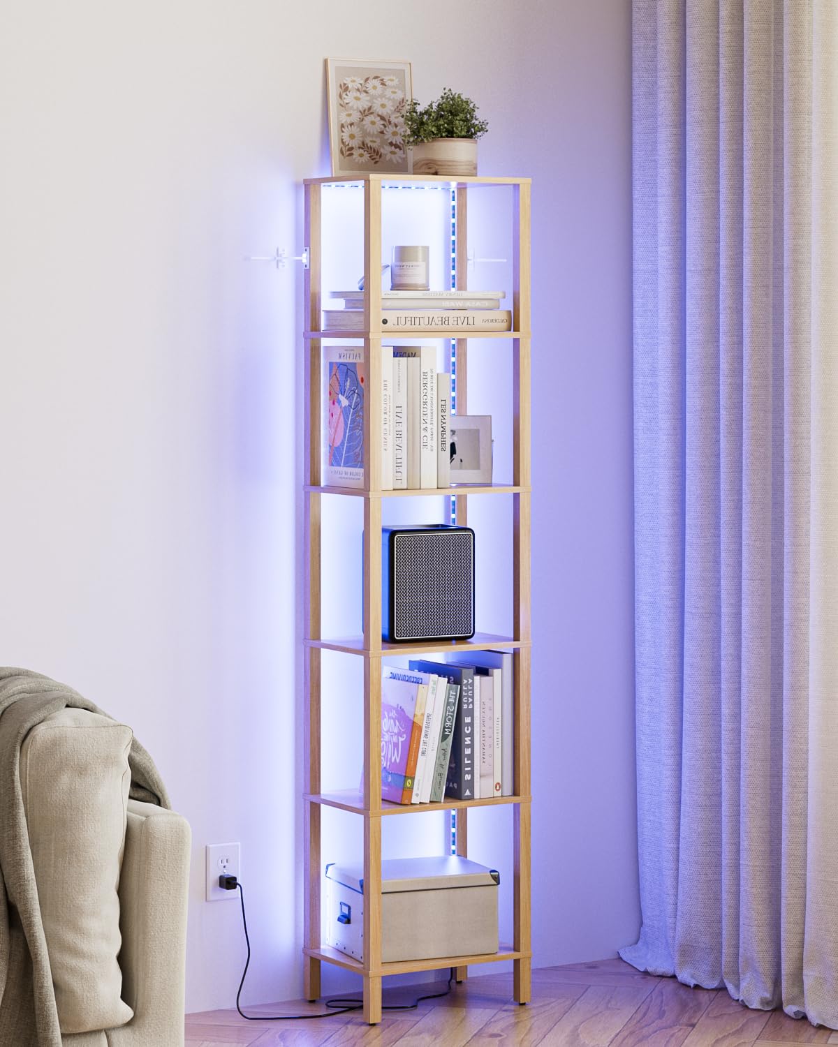 Apetaccat Open Book Shelf with LED Lights, 6 Tier Tall Bookshelf, Freestanding Shelf Narrow Bookcase with Open Shelves, 14.57" x 10.63" x 65.83", Book Shelves for Living Room, Office, Study, Oak