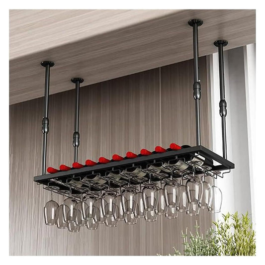 PHLEPS Ceiling Wine Glass Rack, Hanging Wine Rack 11.8-23.6 Inch Height Adjustable Bottle Holder Wine Shelf 2 in 1Industrial Wall Mounted Wine and Glass Rack Perfect for Bar Cafe Kitchen (Color : Bla