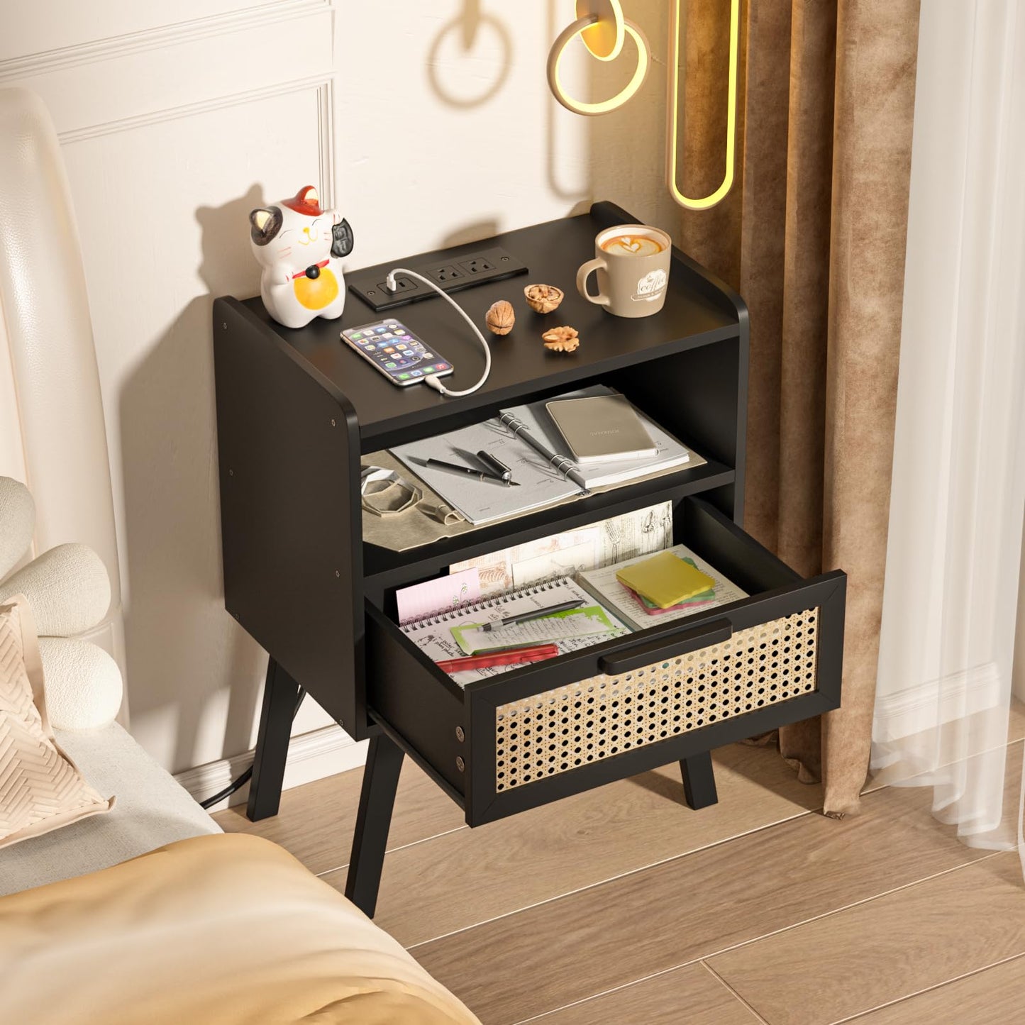 Lerliuo Rattan Nightstand with Charging Station, Black Bedside Table with Drawer Open Shelf, Cane Accent Side End Table with Solid Wood Legs, Night Stand for Bedroom, Dorm and Small Spaces