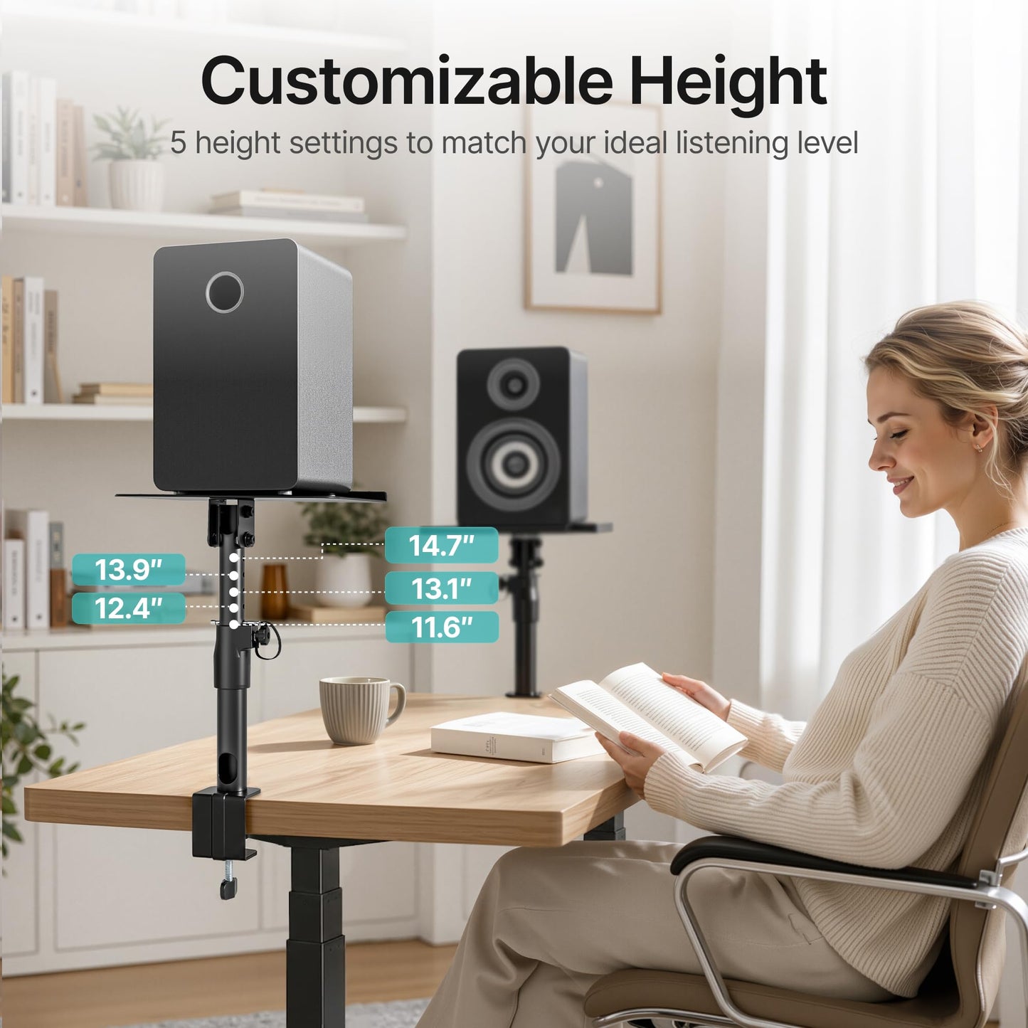 Adjustable Clamp-on Speaker Stand Pair, Height Tilt Swivel Adjustable Desktop Speaker Mounts, Heavy Duty Universal Monitor Speaker Stands for Home Office Studio Bookshelf Speakers,Black
