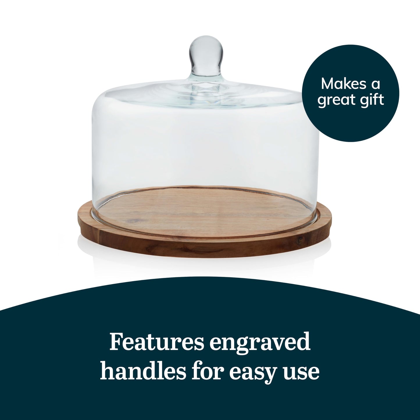 Libbey Acacia Wood Cake Stand with Lid, Ball Top Handle Cake Holder with Lid, Covered Pastry Holder, Durable Glass Dome Cover