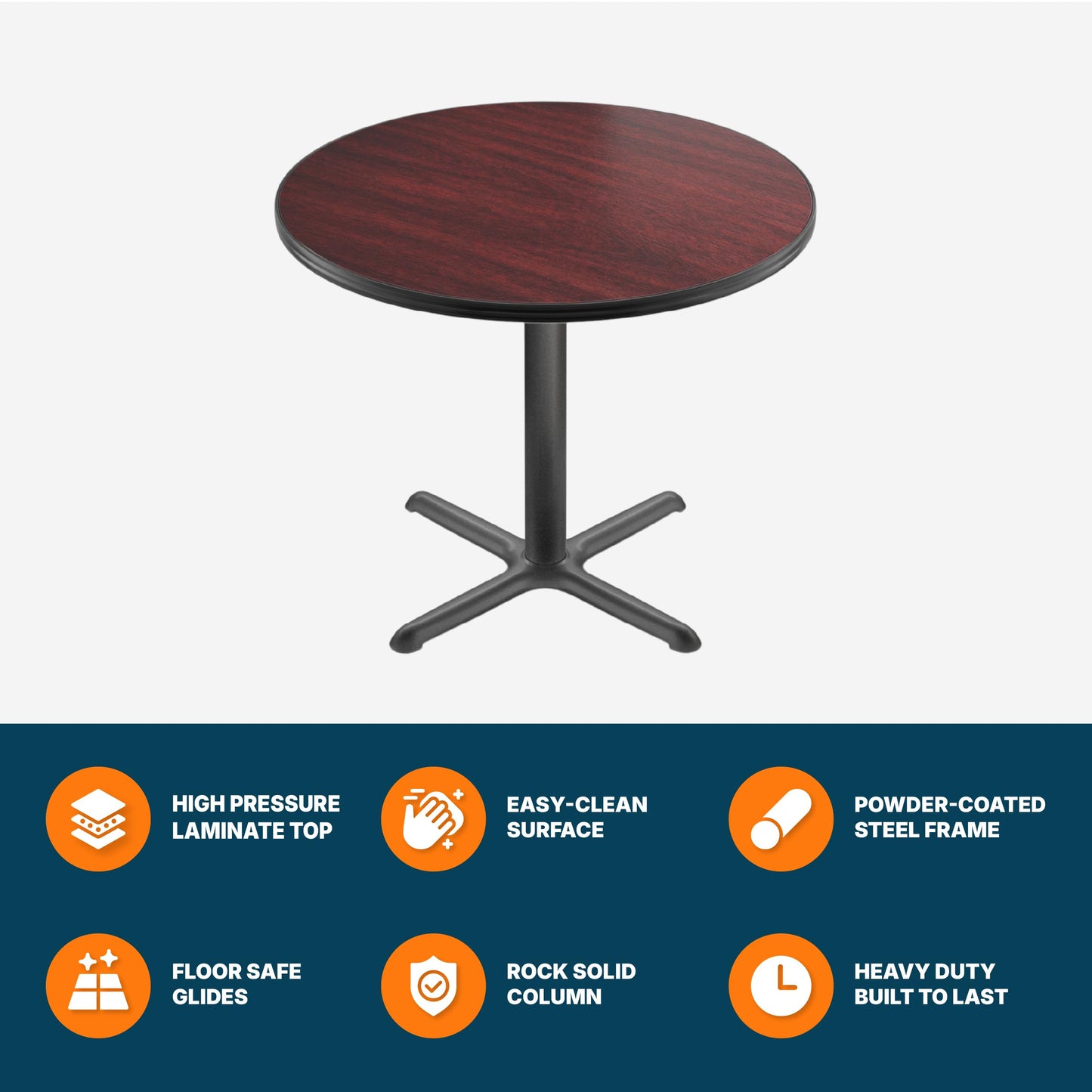 OEF Furnishings OEFCT13636XDMY Premium Commercial-Grade Restaurant and Breakroom Cafe Table (Round, 36 in Diameter, 30 in Dining Height, X-Base, Black Frame, Mahogany Laminate)