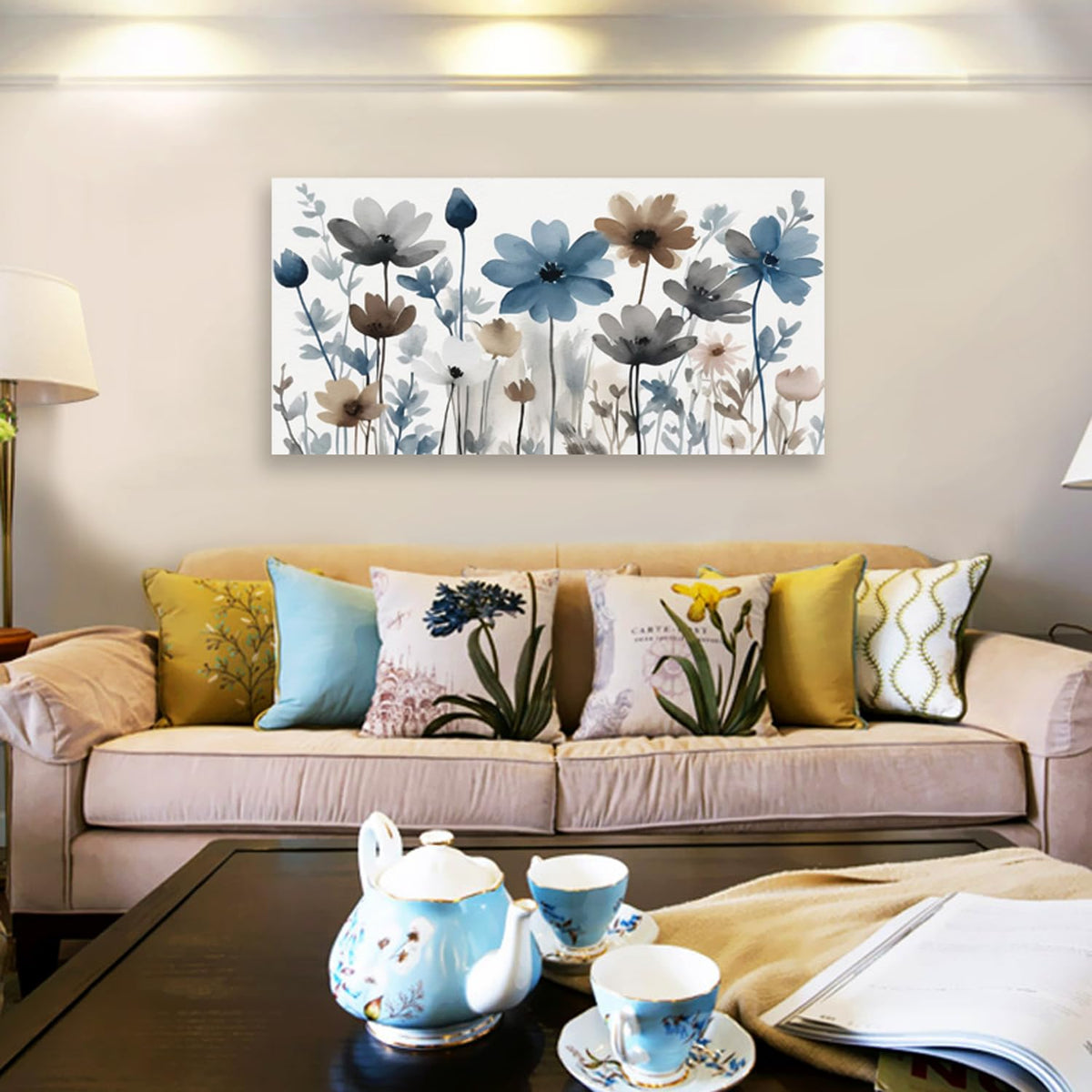 KZKU Flowers Canvas Wall Art - Floral Pictures for Wall Decor Indigo Brown Grey Canvas Prints Nature Printing Artwork for Living Room Bedroom Home Office Wall Decoration 20" x 40"