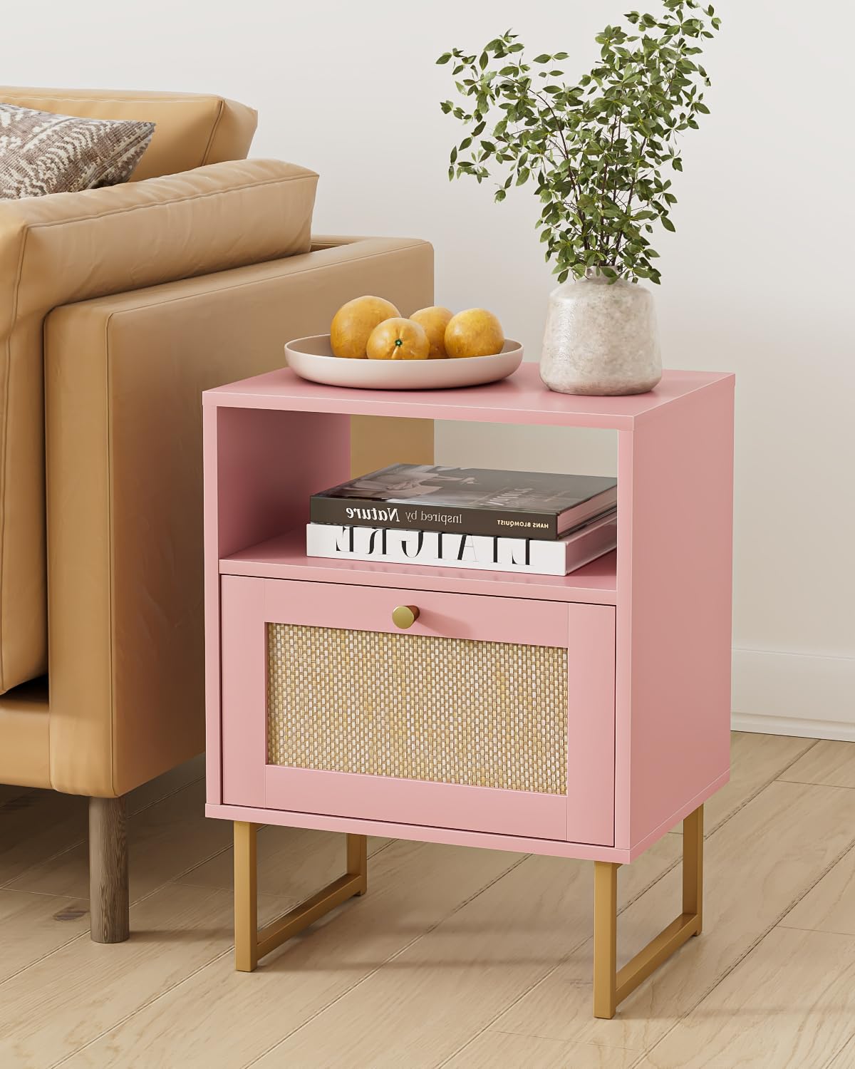Apetaccat Rattan Nightstand, Boho Night Stand Farmhouse Wood Bedside Table with Storage and Open Shelf, End Side Accent Table for Bedroom,Living Room,Pink
