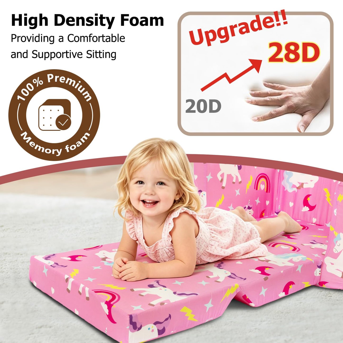 Beavtaens Kids Couch, 2-in-1 Kids Fold Out Couch, Convertible Sofa to Lounger for Girls and Boys, Soft Toddler Chairs Comfy 1-3 Years Old - Light Pink