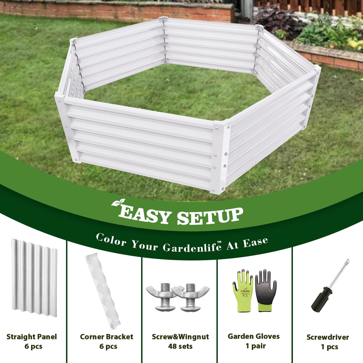 A ANLEOLIFE Hexagon Metal Raised Garden Bed, 18'' Tall Galvanized Flower & Ornamental Planter, 3FT Wide Decorative Raised Bed, Antique White