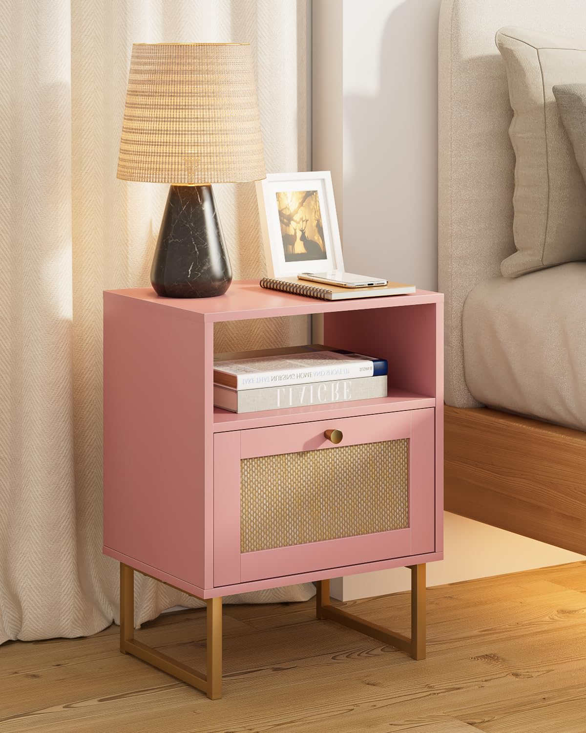 Apetaccat Rattan Nightstand, Boho Night Stand Farmhouse Wood Bedside Table with Storage and Open Shelf, End Side Accent Table for Bedroom,Living Room,Pink