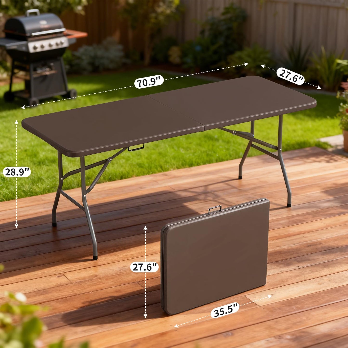 BestOffice 6 FT Picnic Table, Portable Plastic Folding Table with Carrying Handle Perfect for Picnics, Parties, Party and Camping, Brown