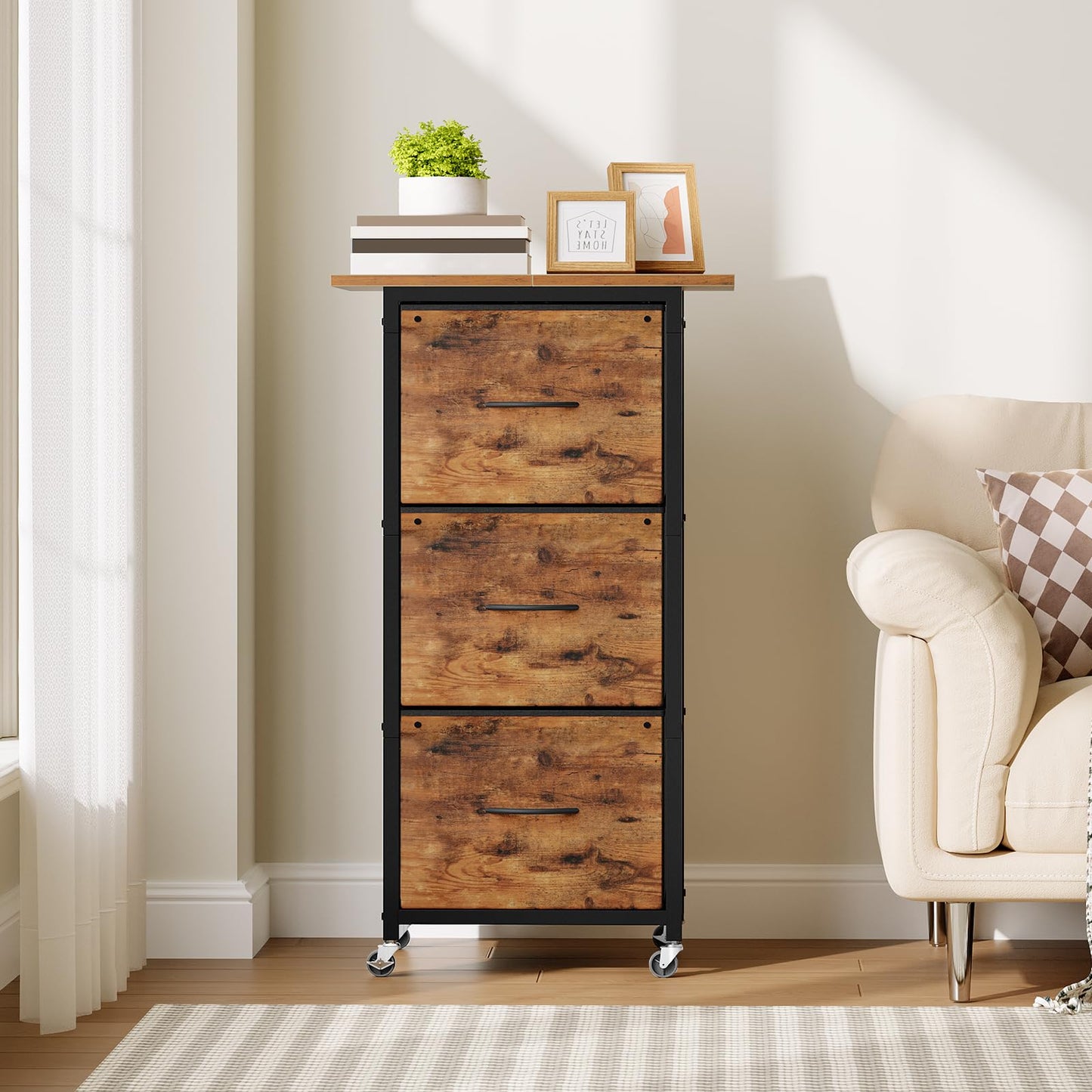 MAHANCRIS 3 Drawer File Cabinet, Vertical Filing Cabinet with Wheels, Printer Stand with Non-Woven Fabric Drawer, Adjustable Hanging Rods, fits A4/Letter Size, for Home Office, Rustic Brown FCHR5901