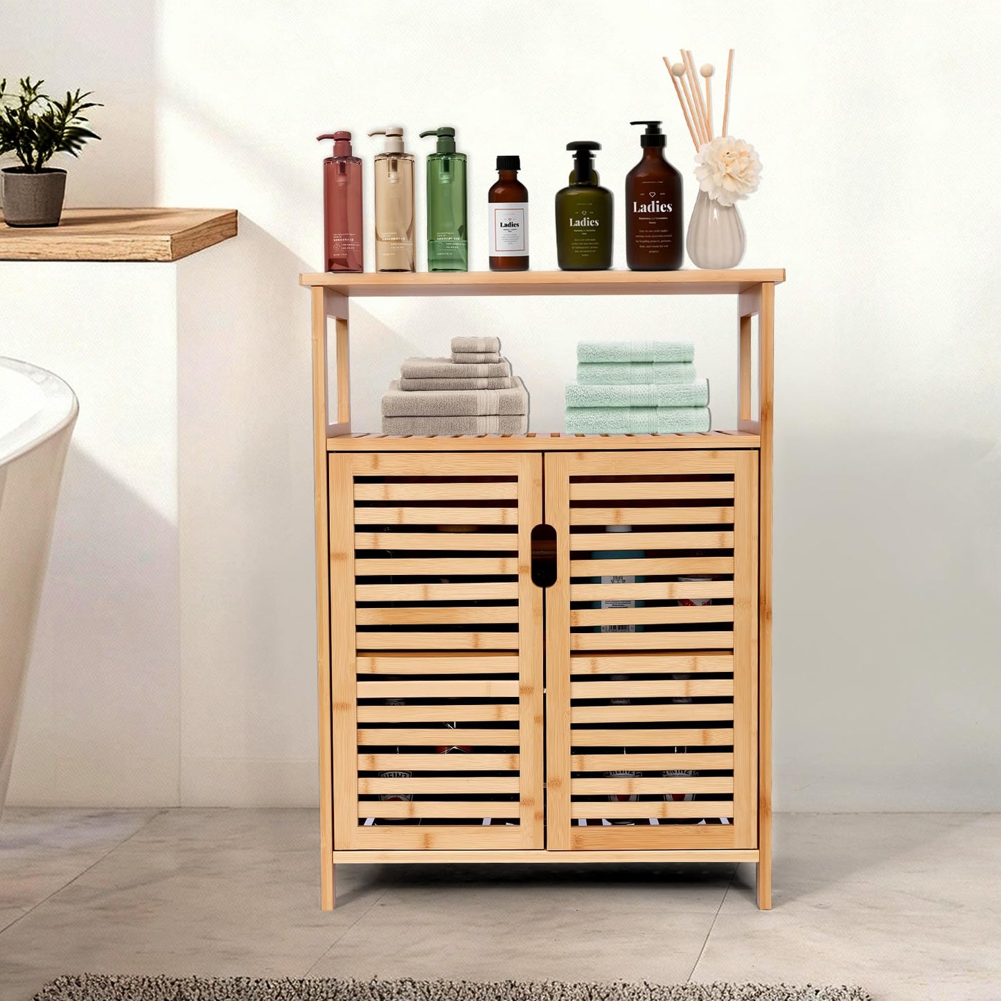 Bambition Bamboo Storage Cabinet with Doors, Floor Freestanding Cabinet with Shelves for Bathroom, Kitchen, Living Room