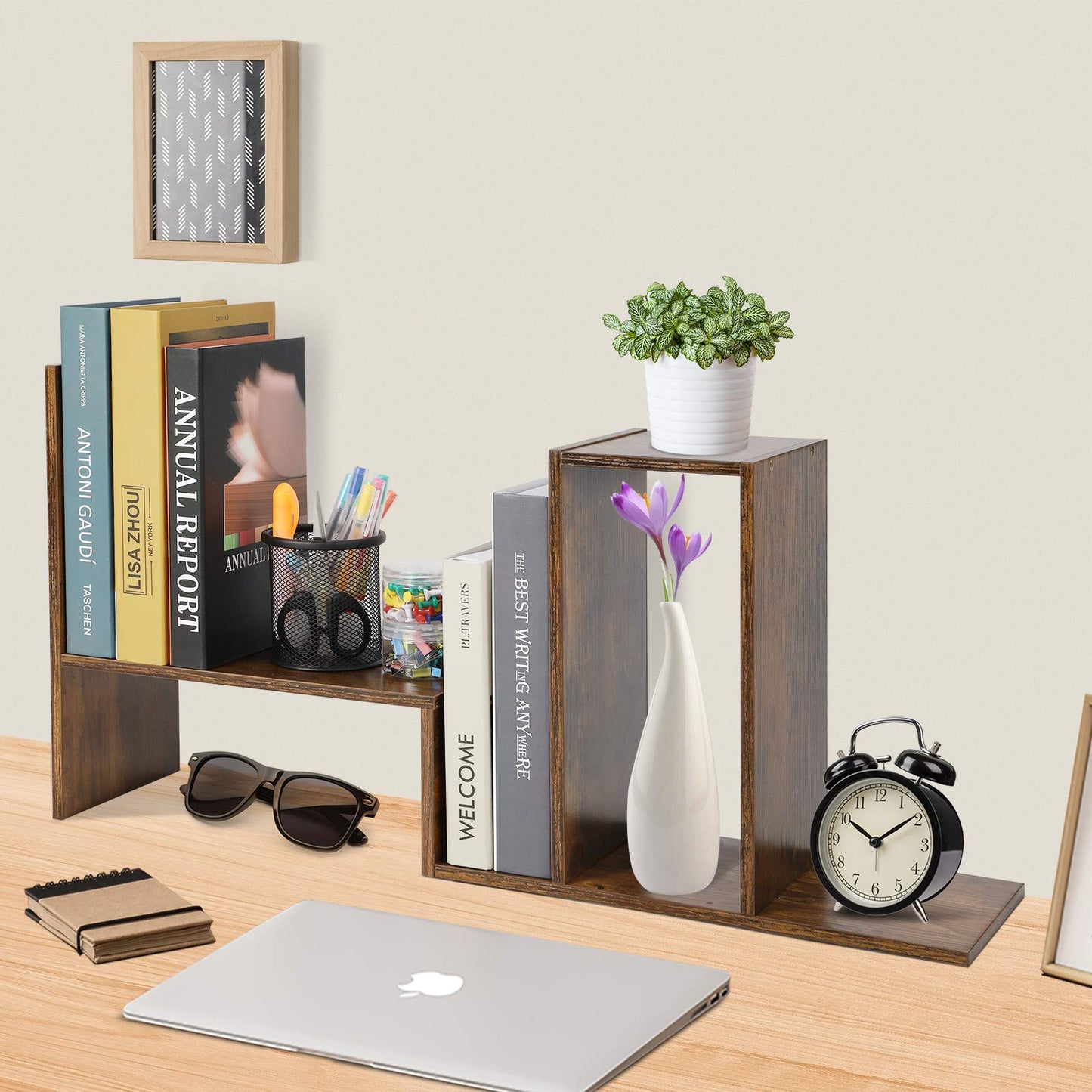 Sorfity Expandable Wood Desktop Bookshelf Desktop Organizer Office Storage Rack Wood Display Shelf, Counter Storage Rack Top Bookcase - Freestyle Display Natural Stand Office Supplies Desk Organizer