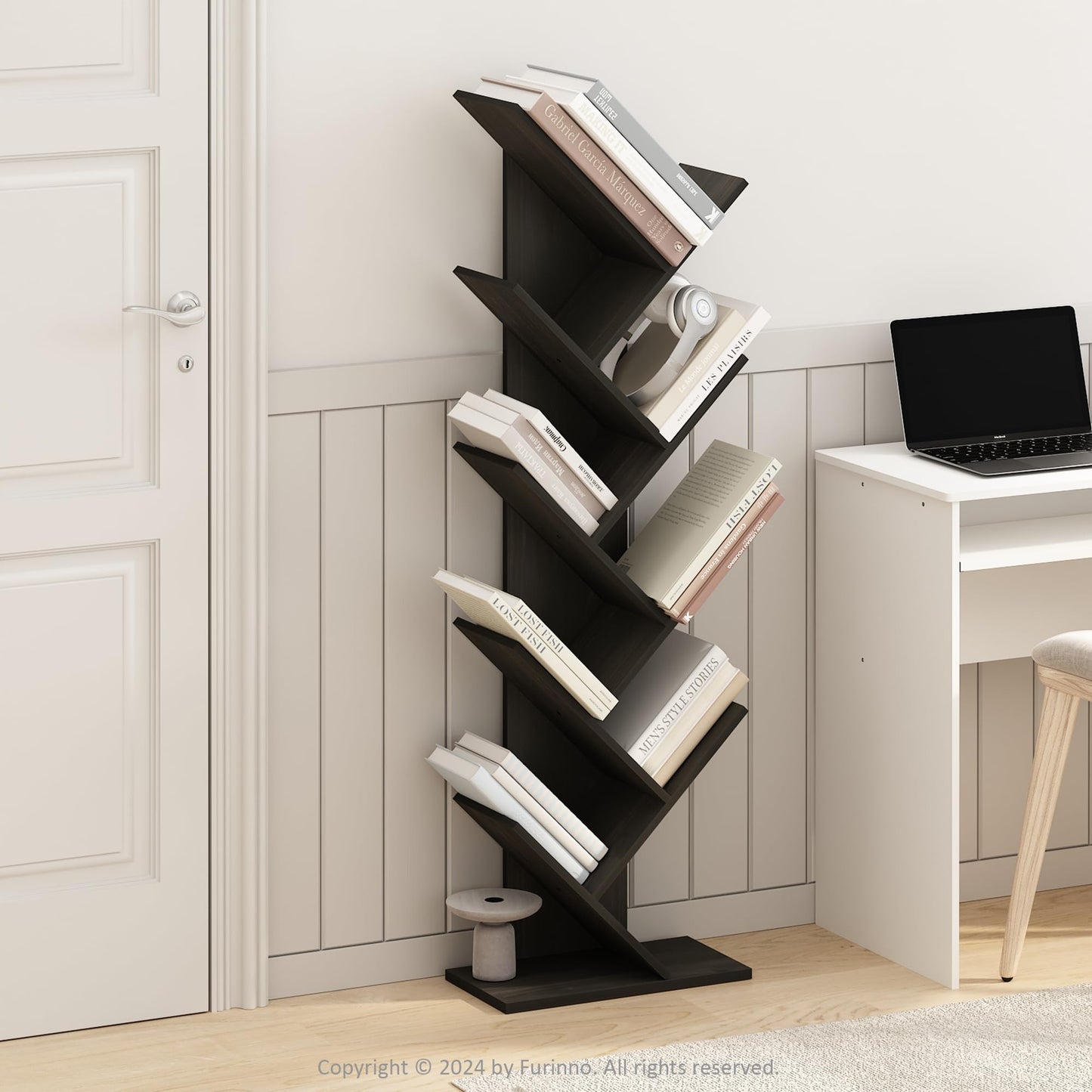 Furinno Tree Book Shelf, 9-Tier Bookshelf, Tree Bookcase for Room Decor, 8.4 x 15.7 x 50.9, for Living Room, Bedroom, Home Office, Black Espresso