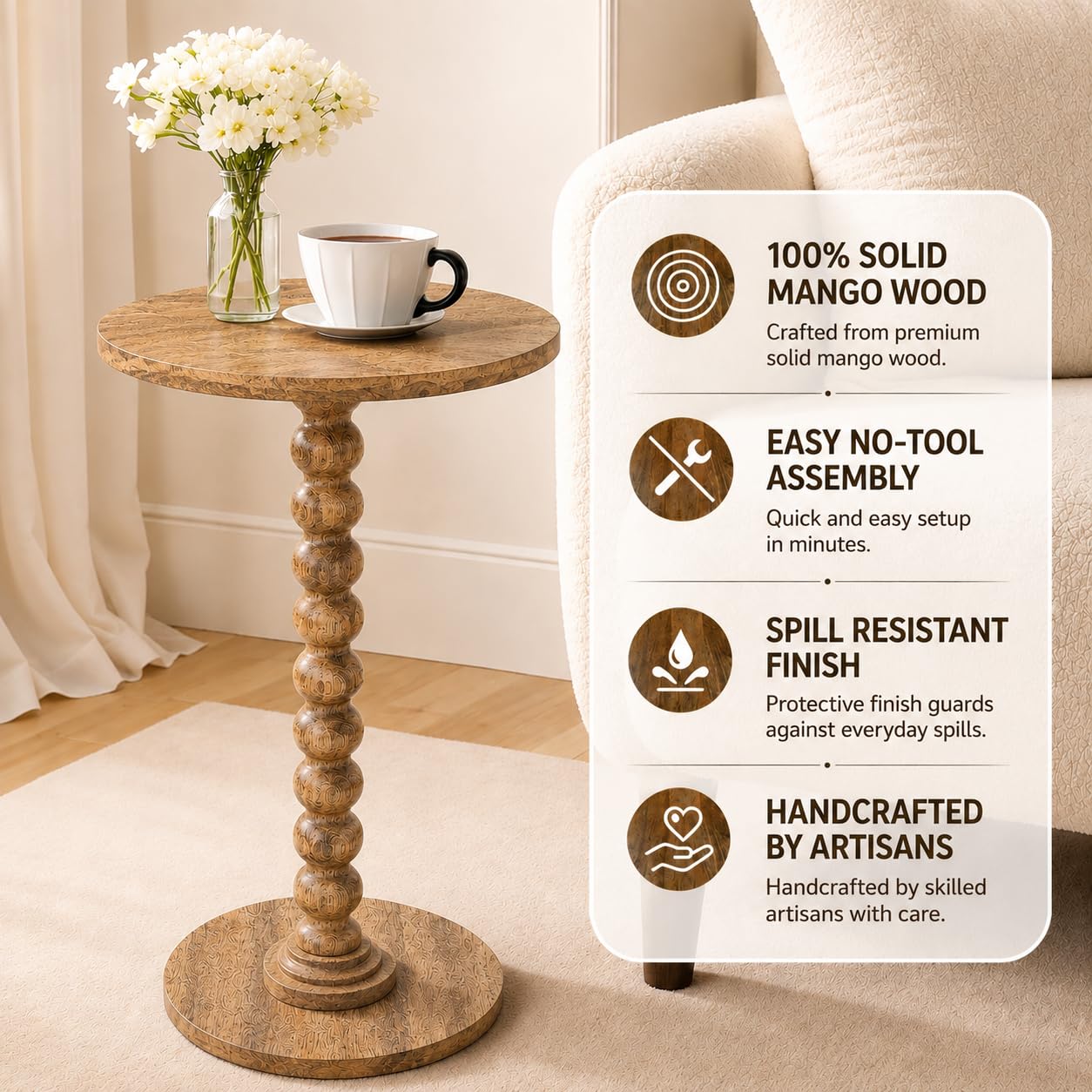 LIVINGNISH Solid Wood Round Side Table for Living Room, Bedroom and Office — Handcrafted End Table, Bedside Nightstand, Accent Table for Small Spaces with Tool-Free Assembly- Natural