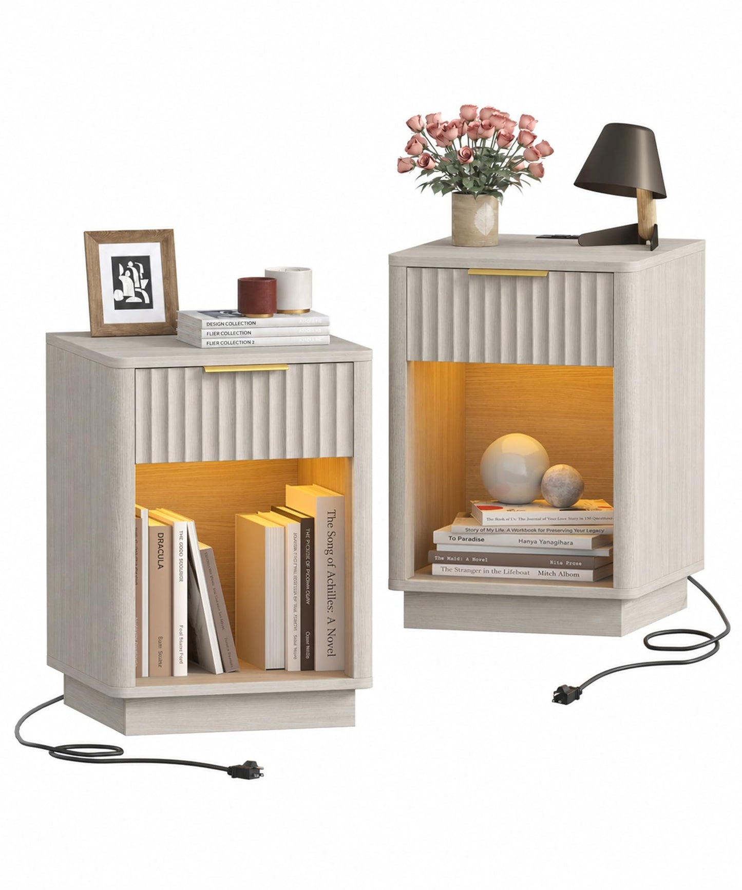 Akxomel Fluted Nightstands Set of 2, Wooden Night Stand with Charging Station and LED Light, Modern Mid Century Bed Side End Table with Drawer, 15" D x 15.7" W x 22.6" H, for Bedroom, White Alder