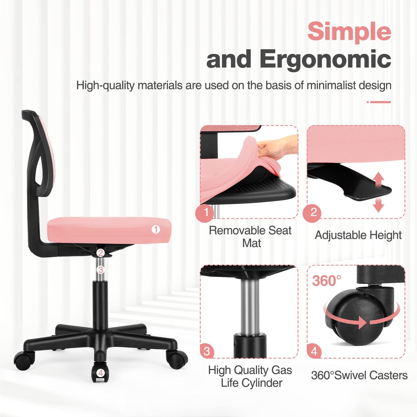 Sweetcrispy Small Desk Chair, Ergonomic Low-Back Mesh Rolling Work Swivel Chairs with Wheels, Armless Comfortable Seat Lumbar Support for Home, Bedroom, Study, Student, Adults,Classic Pink