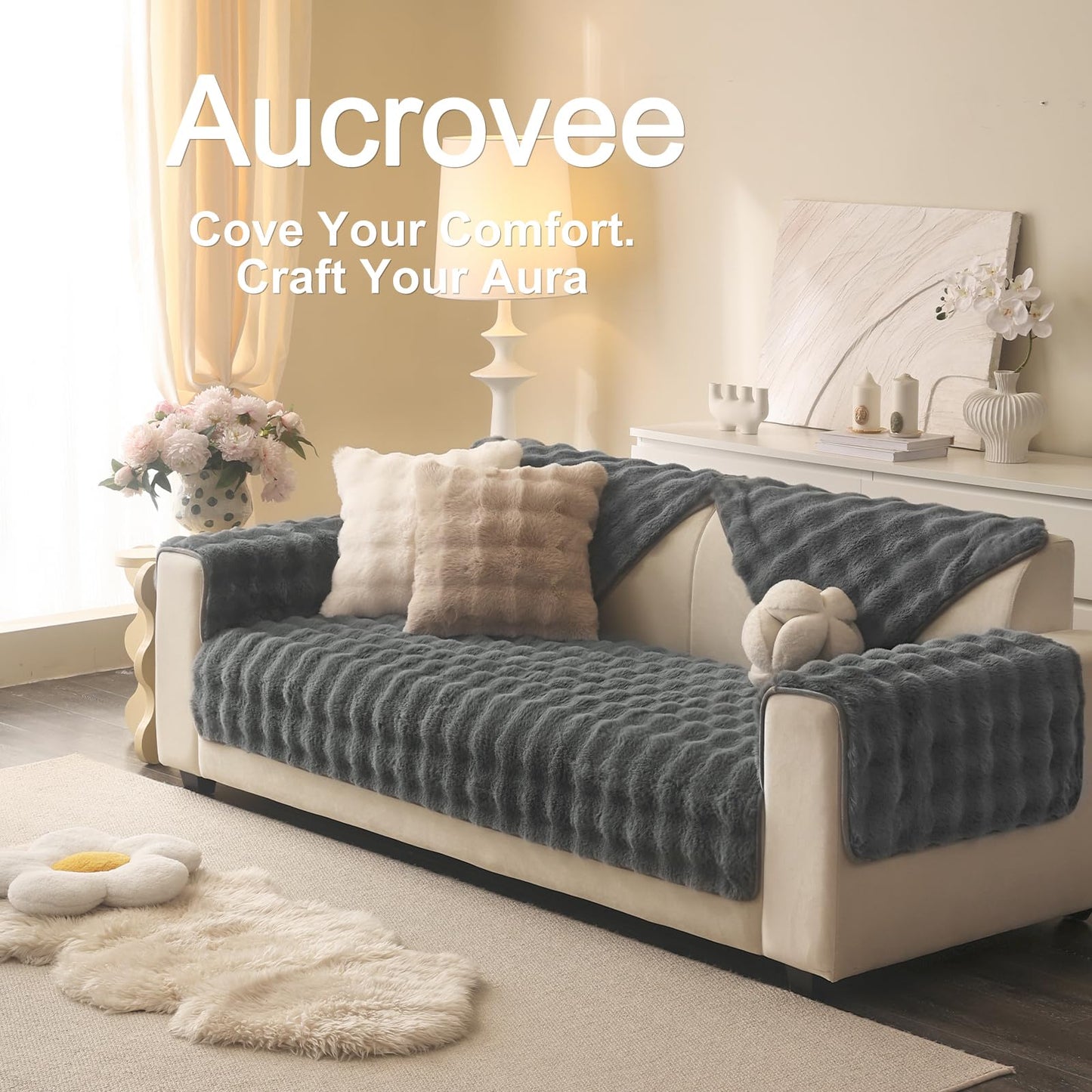 Aucrovee Soft Plush Faux Fur Couch Cover, Thick Warm Fuzzy Sectional Sofa Covers for 3 Cushion Couch Sofa Non Slip Slipcover, Furniture Protector Covers for Pets(1 PCS 36"x94" Dark Grey)