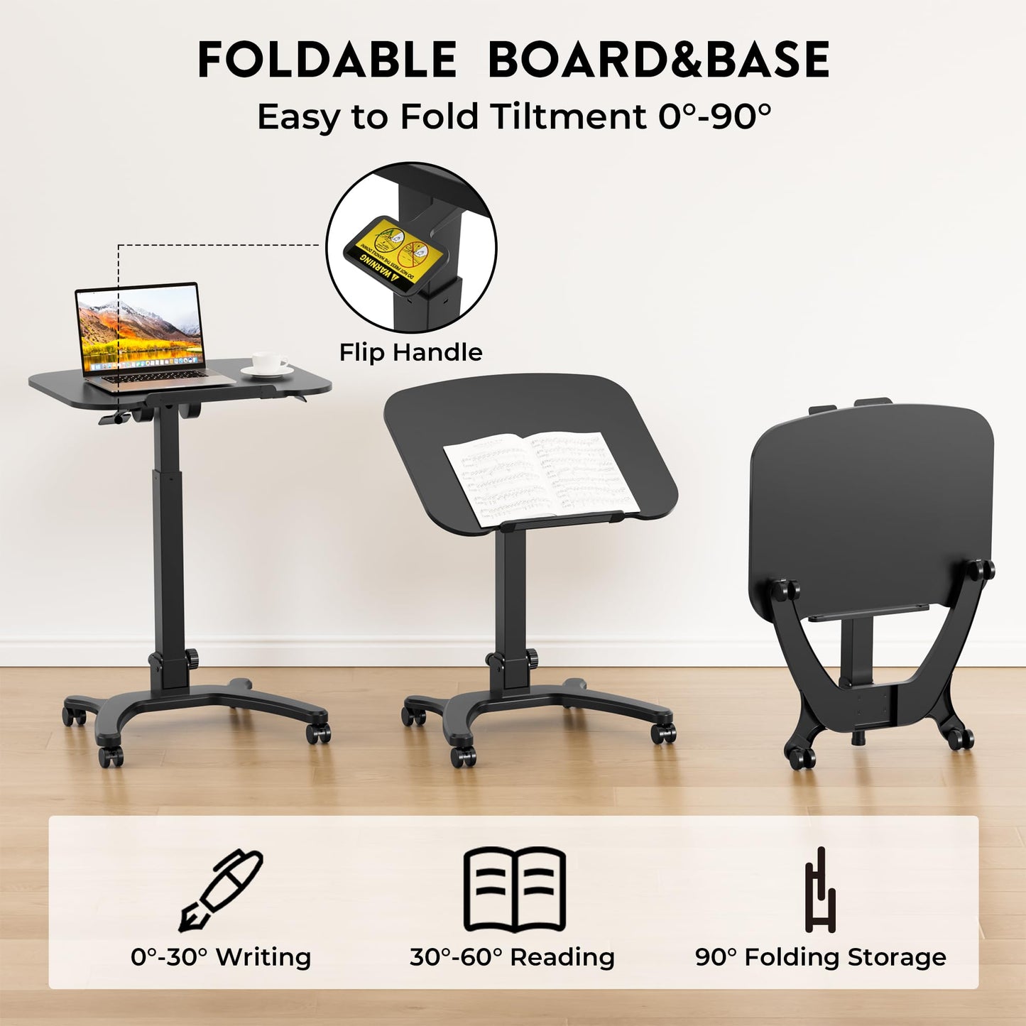 BONTEC Mobile Foldable Standing Desk, Portable Adjustable Height Desk with Gas Spring, Small Rolling Laptop Desk with Wheels for Home, Office, Bedroom, and Medical Use, 25.6" x 19.7" Desktop, Black