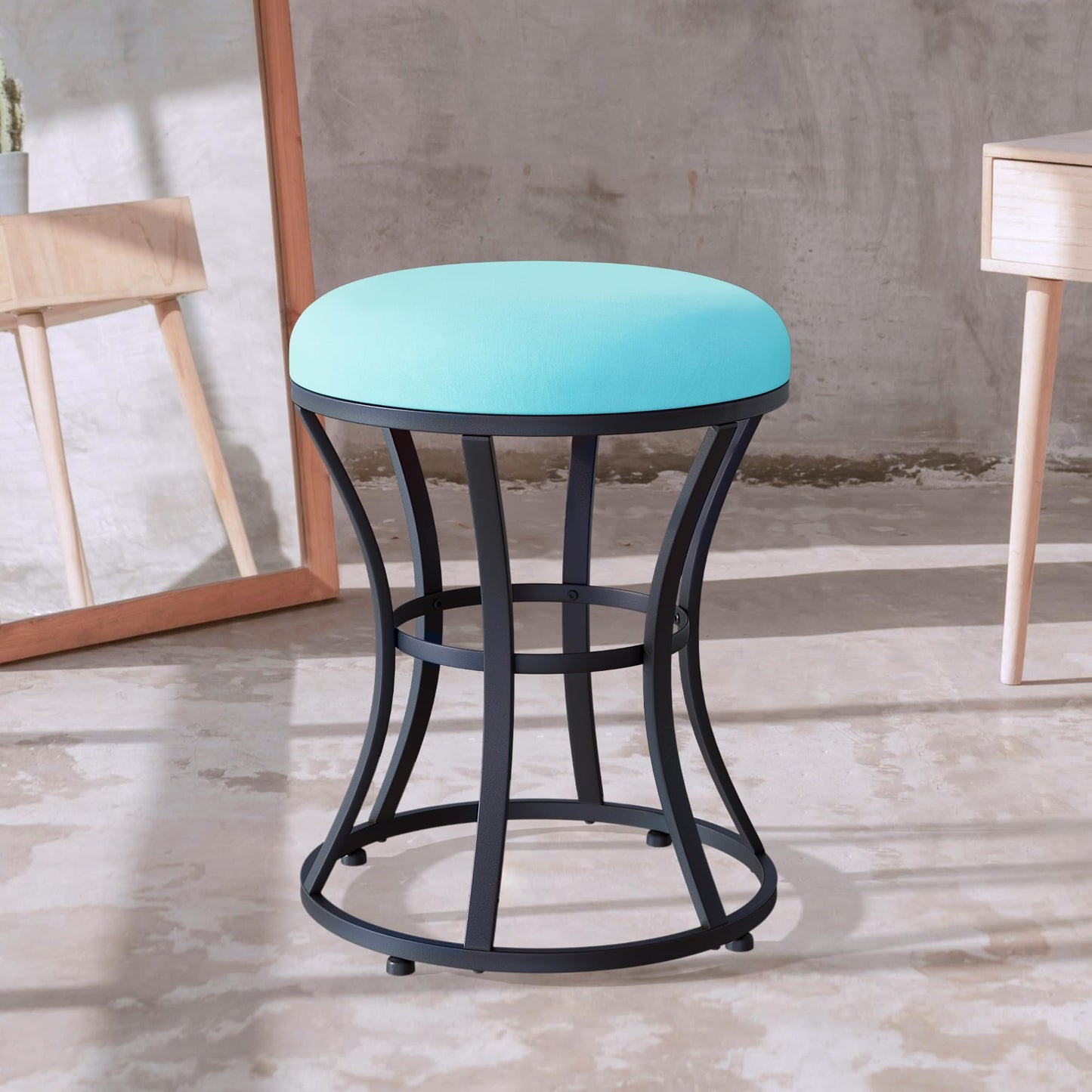 Ellensamqi Multifunctional Vanity Stool - Velvet Footrest Stool-Upholstered Chair Stool -Ottoman Round Modern Dressing Chair - with Blacken Metal Leg for Bedroom (Blue)