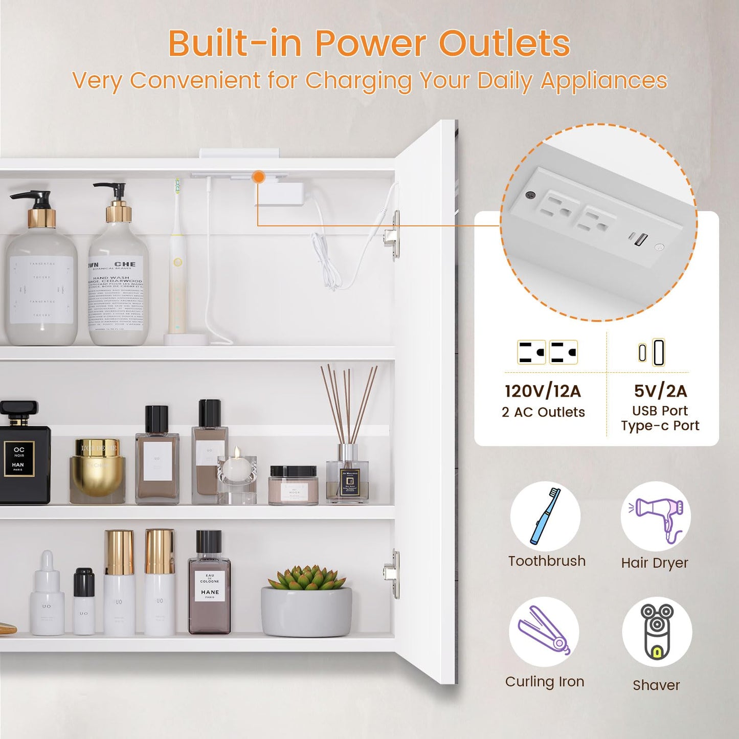 Snughome Bathroom Medicine Cabinet with Mirror & LED Lights, Wall Mount Bathroom Mirror with Storage, Built-in Power Outlets, Dimmable 3 Color Temp, Anti Rust Easy to Install, 31.5" x 23.6"