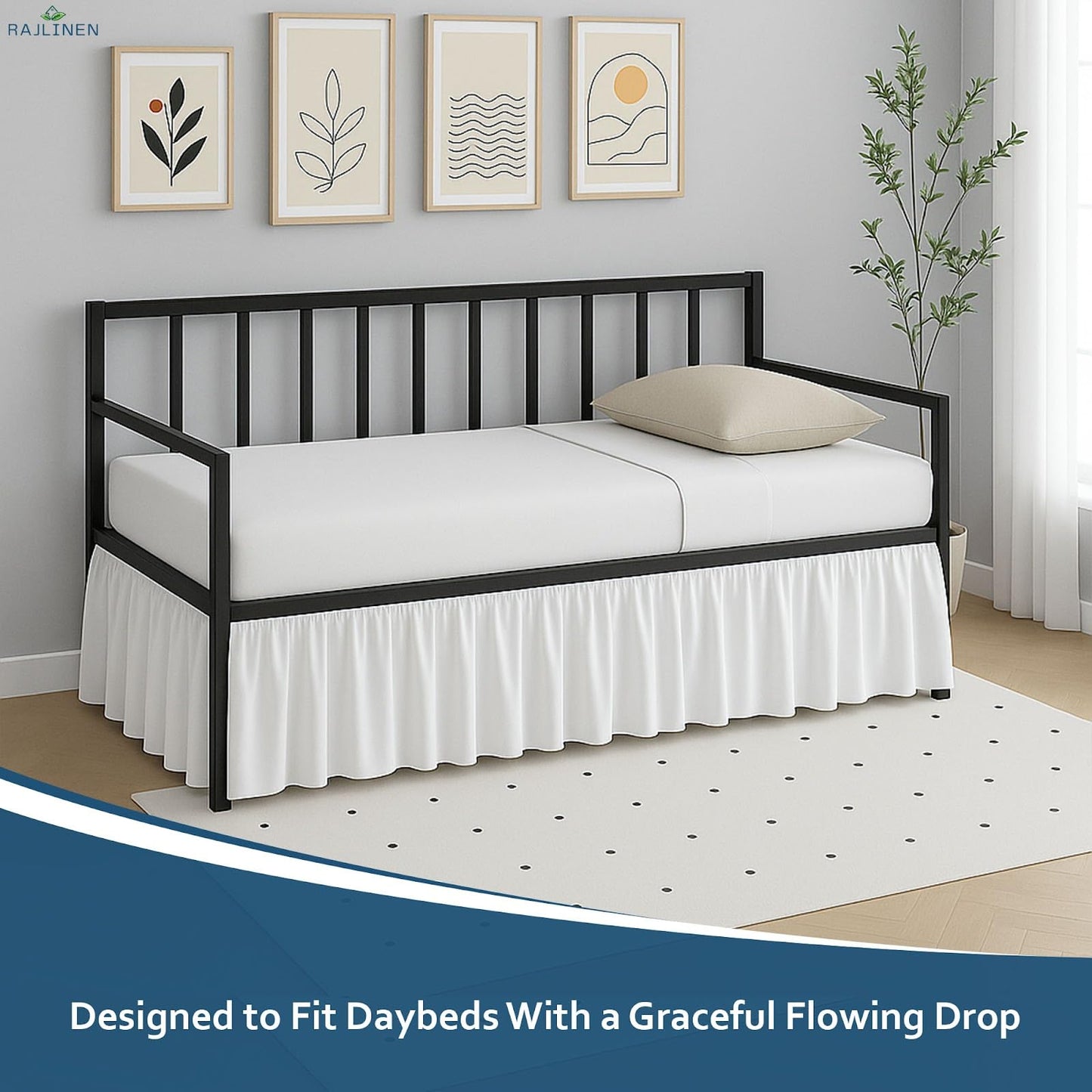 Rajlinen Twin Daybed Skirt, Ruffled 16 Inch Drop with Split Corners, 100% Microfiber, Easy Fit Dust Ruffle for Day Bed with 3-Side Coverage, Soft Decorative Classic Platform Fit, White