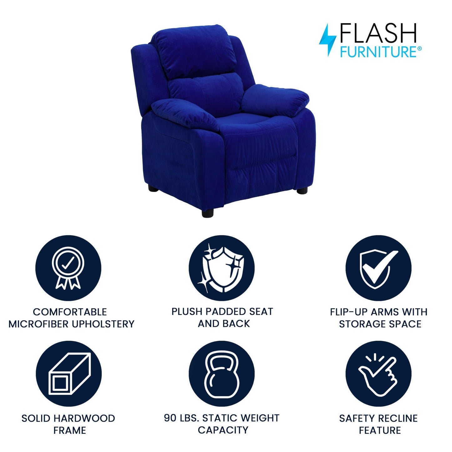 Flash Furniture Charlie Microfiber Kids Recliner with Flip-Up Storage Arms and Safety Recline, Contemporary Reclining Chair for Kids, Supports up to 90 lbs., Blue