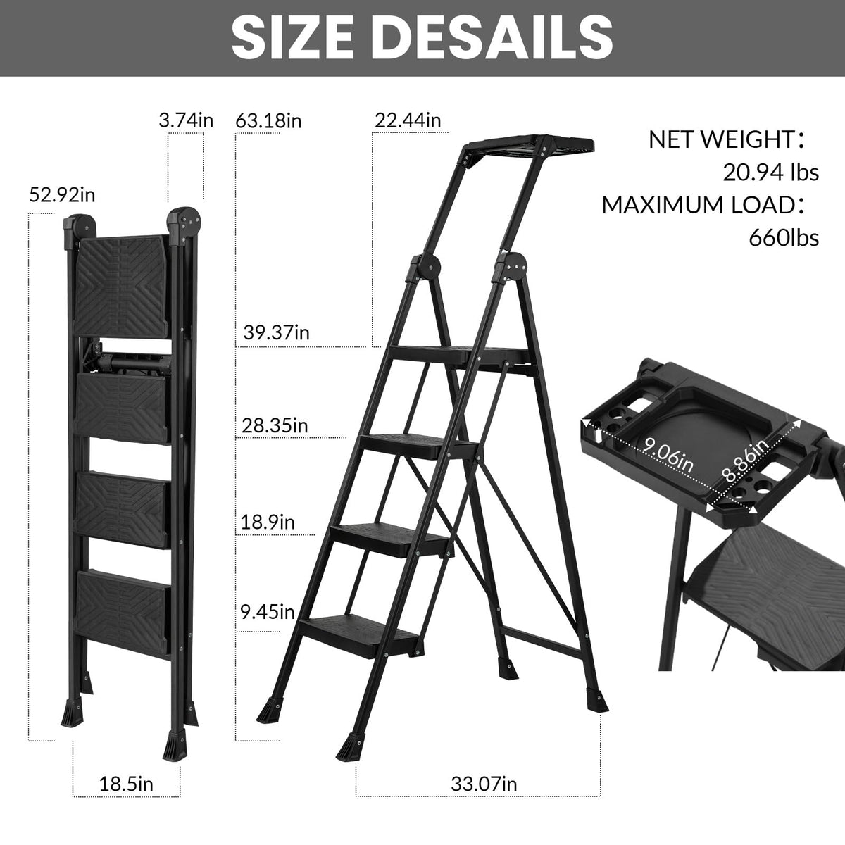 XinSunho 4 Step Ladder, Foldable Handrail & Tool Tray Stool Ladders with Anti-Slip Wide Pedal, 660 lbs Sturdy Steel Ladder for Home Kitchen and Outdoor