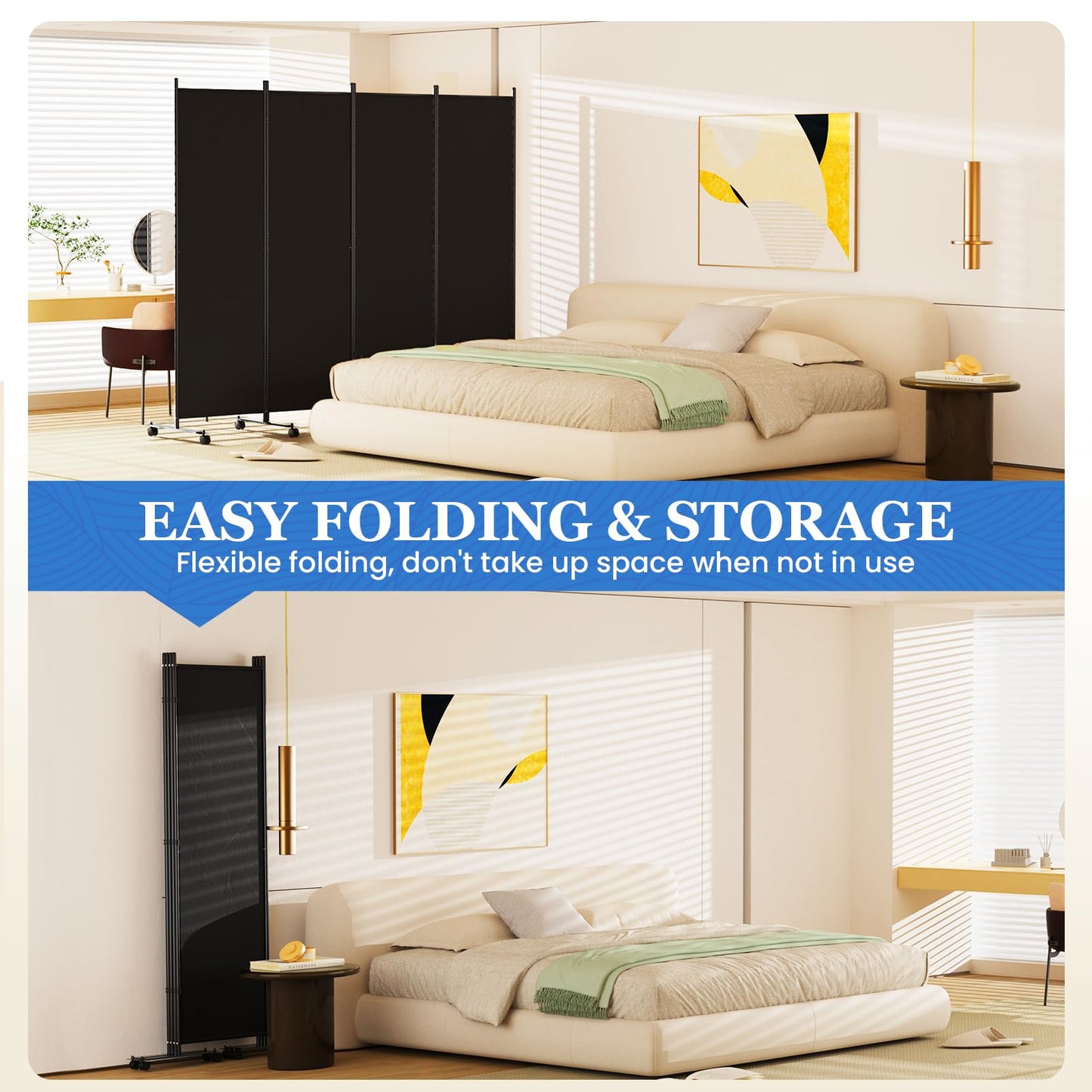 SUNALLY Room Divider 6FT Folding Privacy Screens with Lockable Wheels, 6 Panel Room Partition for Room Separator, 132" W Freestanding Portable Fabric Wall Dividers for Home Dorm Studio Office, Black
