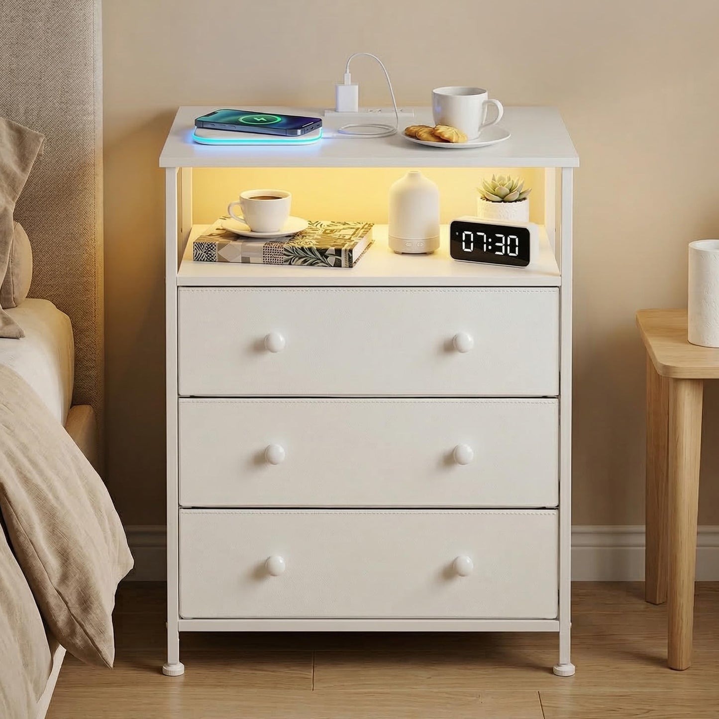 PATAVOT 3 Drawers Dresser with Charging Station, 24 Inch Wide LED Night Stand Set 2 with Adjustable Fabric Drawer, Nightstand with Storage Shelf for Living Room/Bedroom/Office, White.