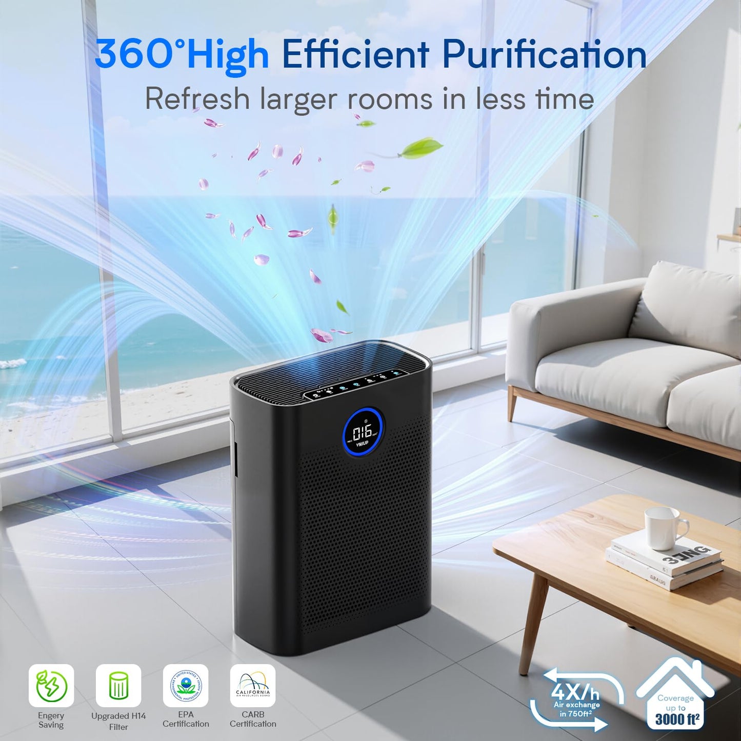 Air Purifiers for Home Large Room up to 3000 ft², VNIUP True Air Purifier for Bedroom, PM 2.5 Display Air Quality Sensor Air Cleaner for for Whole Home Dorm Room Bedroom Office, ZQA-8000A