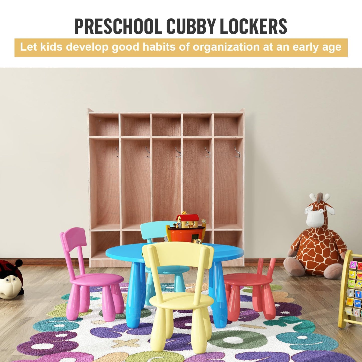 Garvee 5-Section Classroom Coat Locker with 10 Cubbies, Wheeled Daycare Cubbies with 5 Hooks & 2 Storage Boxes, Kindergarten Lockers for Home, School