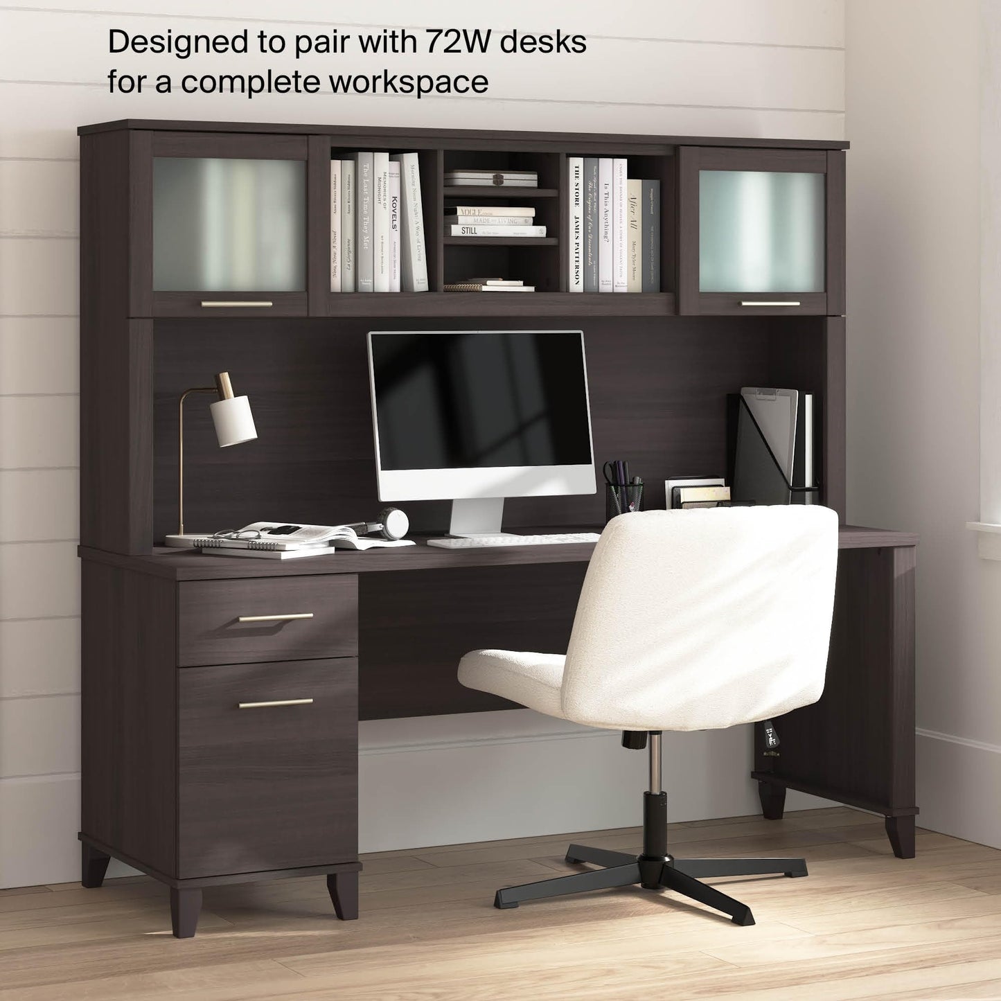 Bush Home 72-Inch Desk Hutch, Office Storage Organizer with Shelves, Cubbies and Frosted Glass Doors for Computer Desk, Home Office Furniture, Somerset Collection, Storm Gray