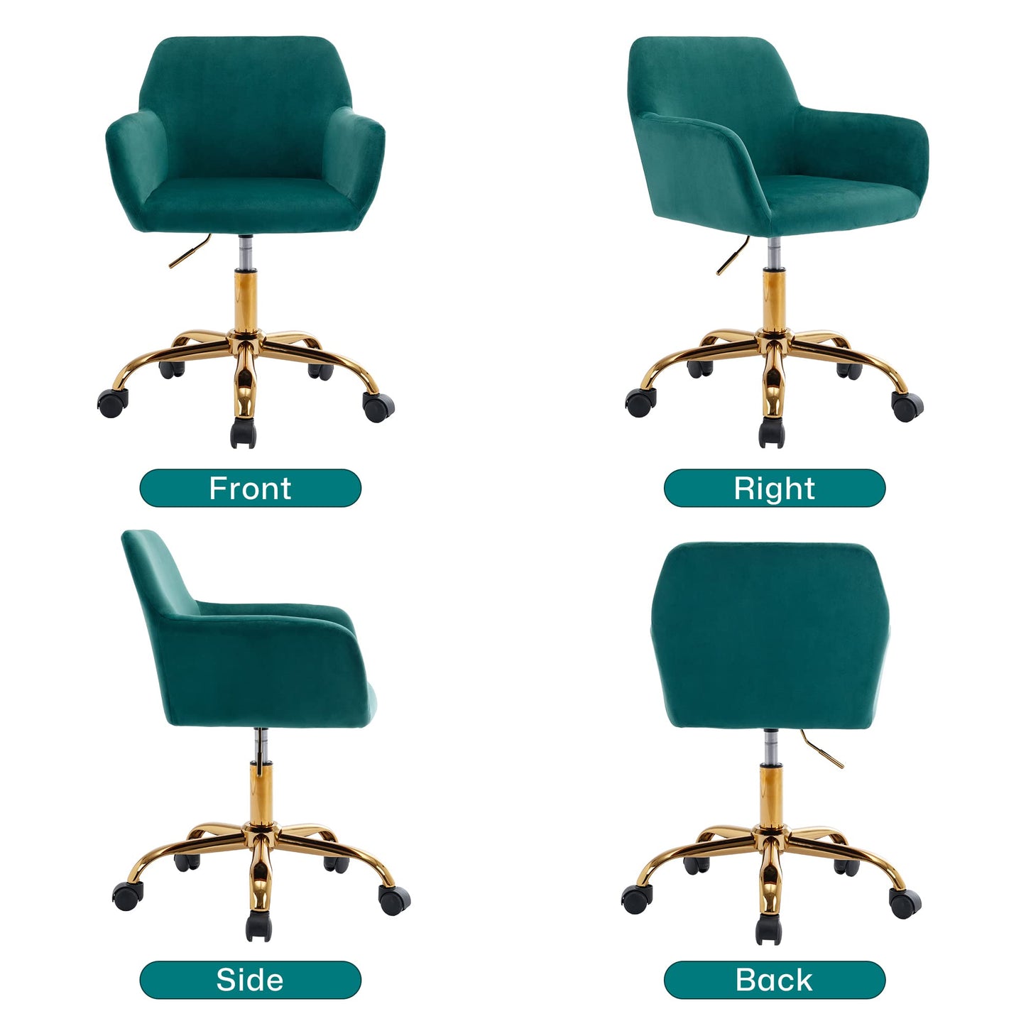 KCC Velvet Office Desk Chair, Comfy Swivel Modern Leisure Armchair with Wheels, Upholstered Comfy Velvet Fabric Makeup Chair Height Adjustable for Teens Women Girls Elegant Home Office, Green